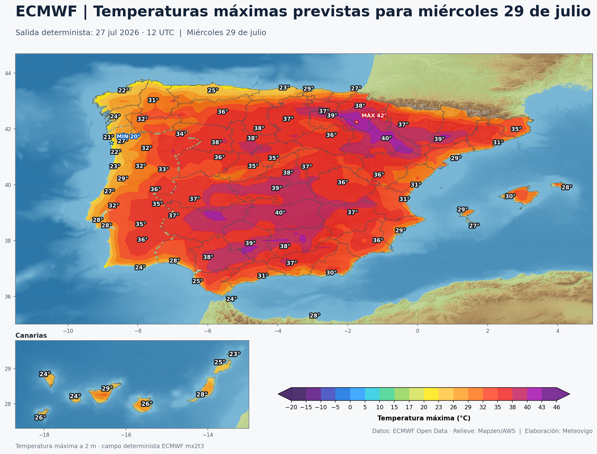 Temperaturas m&aacute;ximas previstas en Espa&ntilde;a para el mi&eacute;rcoles 29 de julio seg&uacute;n el ECMWF