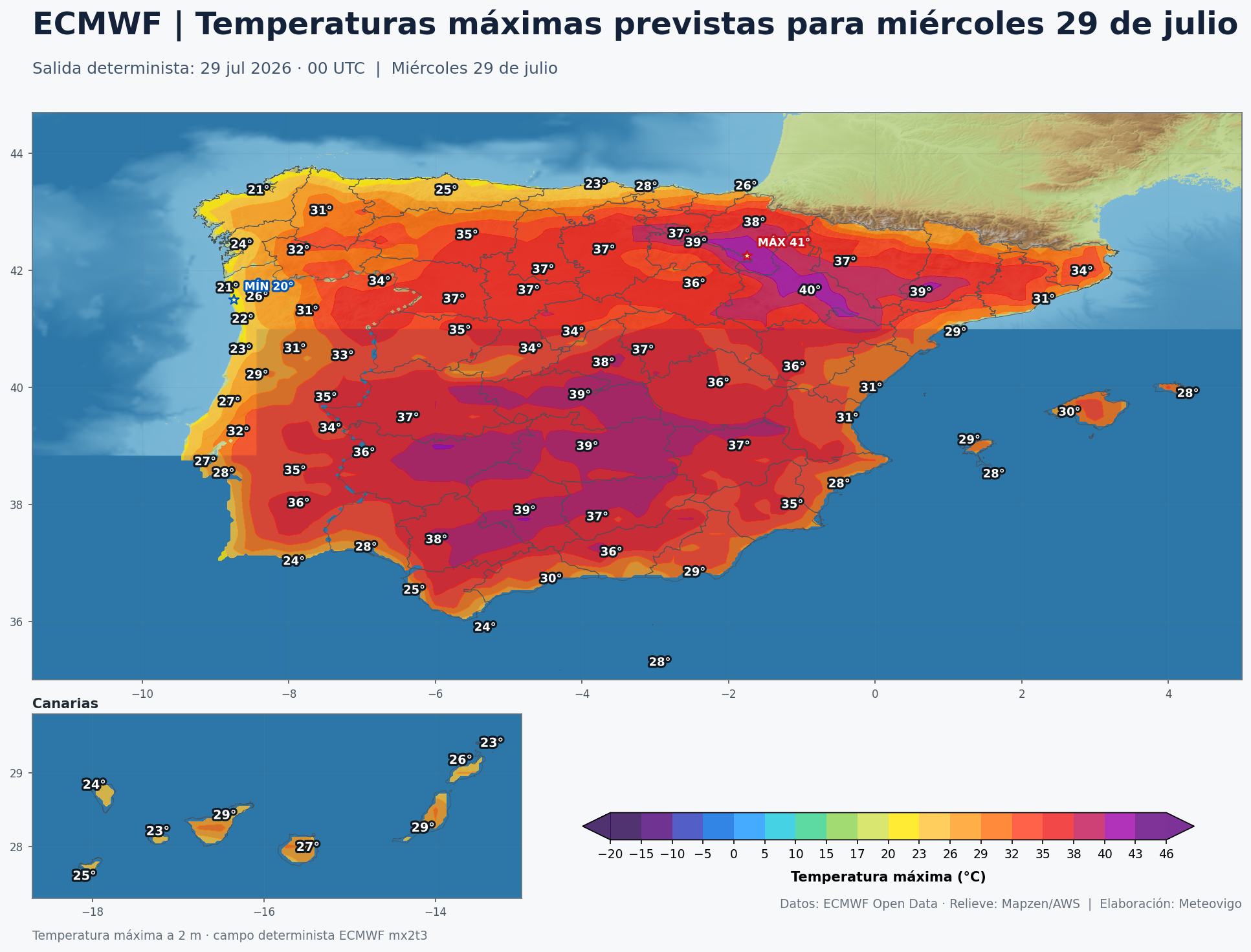 Temperaturas m&aacute;ximas previstas en Espa&ntilde;a para el mi&eacute;rcoles 29 de julio seg&uacute;n el modelo europeo