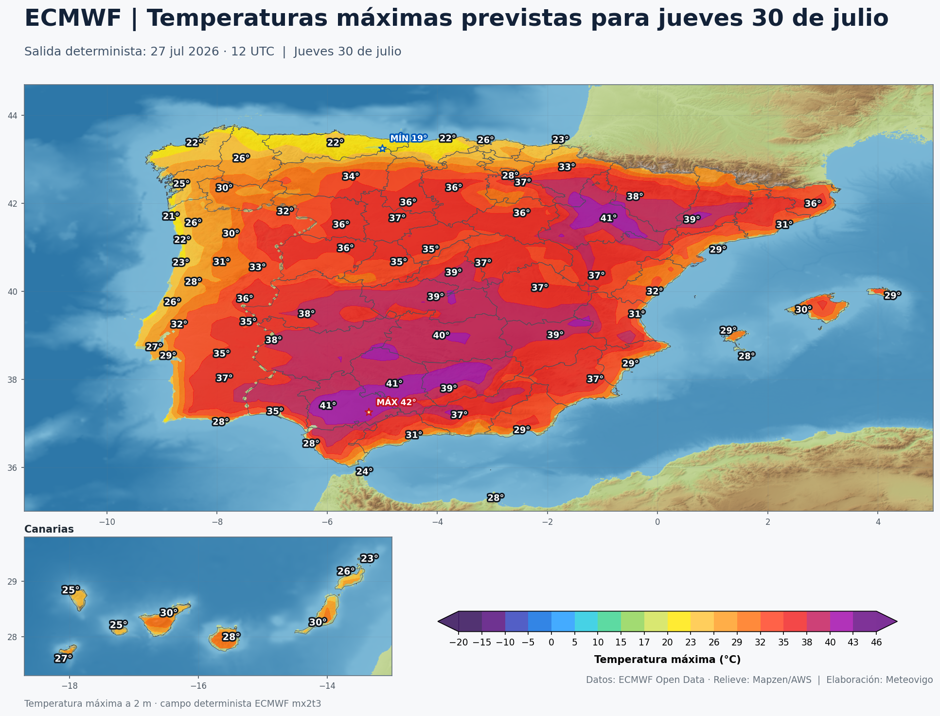 Temperaturas m&aacute;ximas previstas en Espa&ntilde;a para el jueves 30 de julio seg&uacute;n el ECMWF