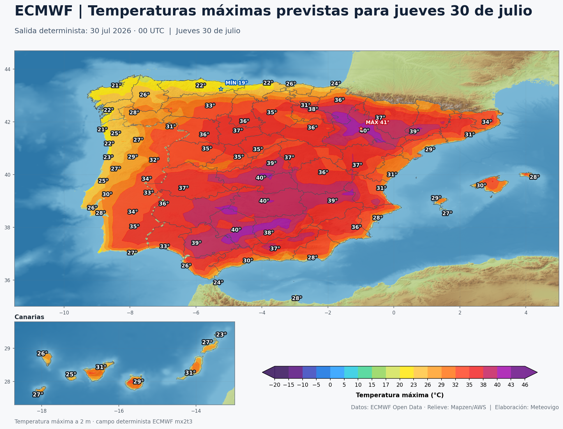 Temperaturas máximas previstas en España para el jueves 30 de julio según el modelo europeo