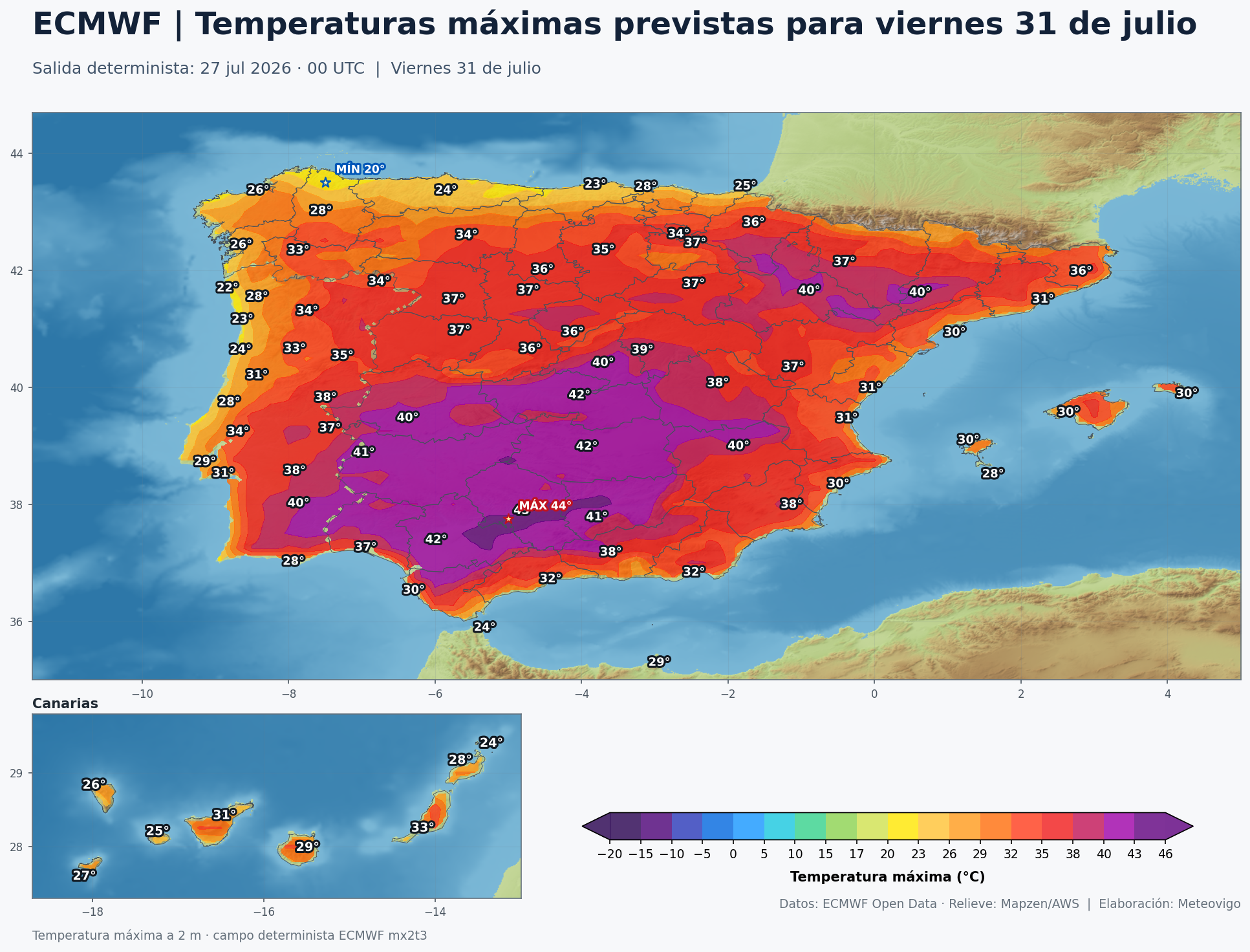 Temperaturas m&aacute;ximas previstas en Espa&ntilde;a para el viernes 31 de julio seg&uacute;n el ECMWF
