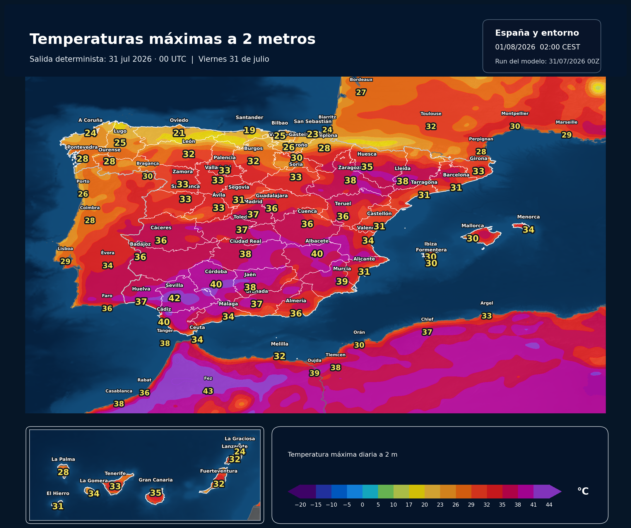 Temperaturas máximas previstas en España para el viernes 31 de julio según el modelo europeo