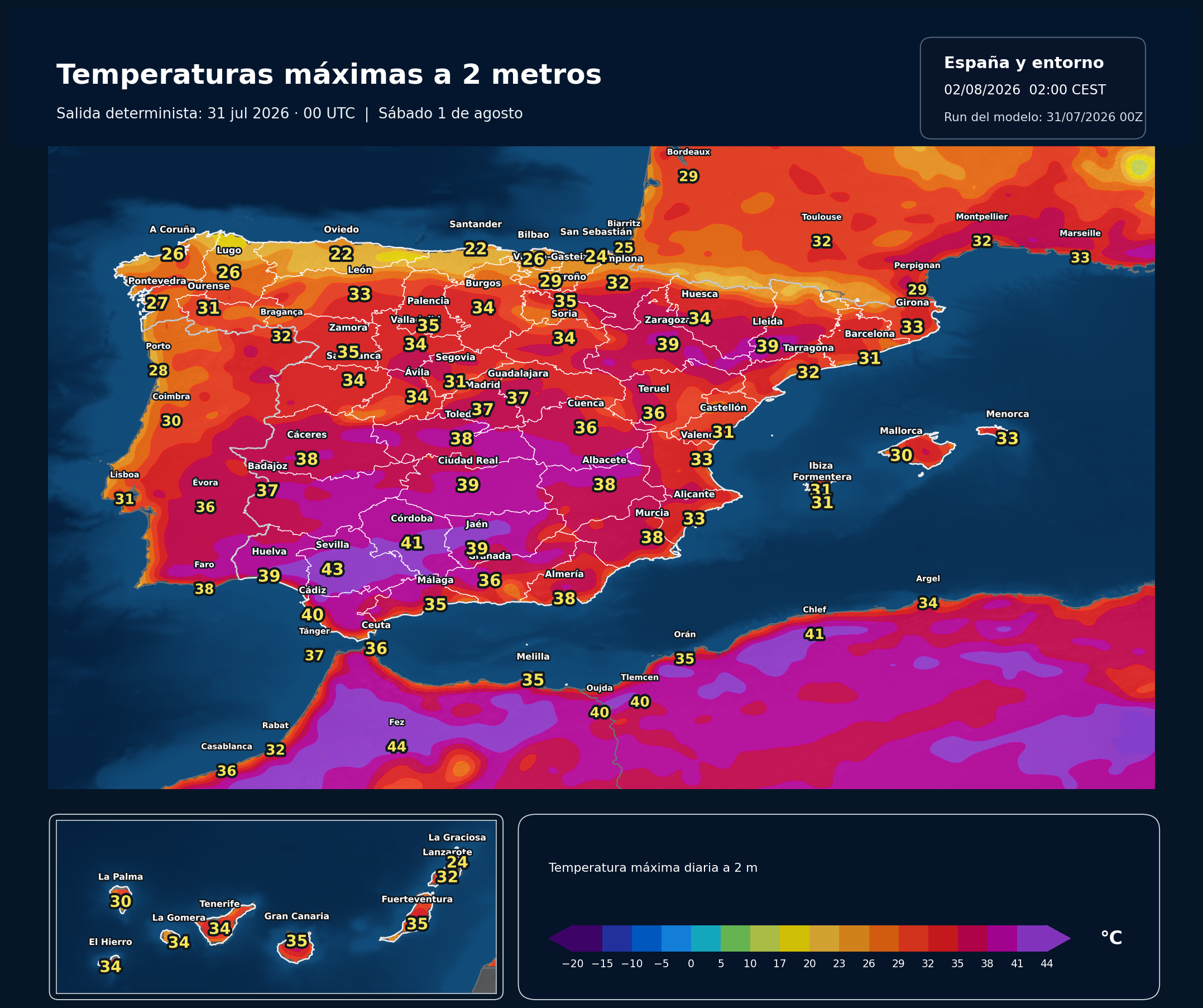 Temperaturas máximas previstas en España para el sábado 1 de agosto según el modelo europeo