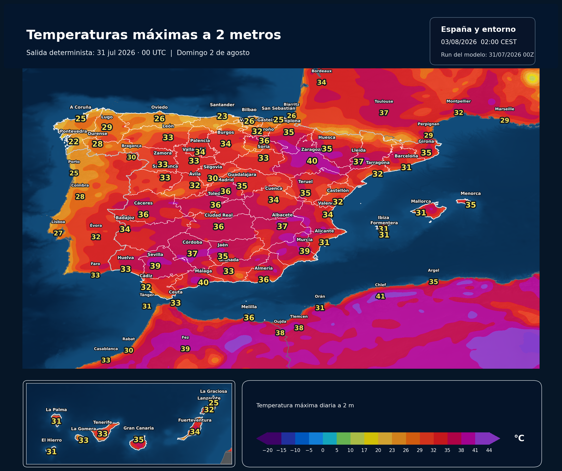 Temperaturas máximas previstas en España para el domingo 2 de agosto según el modelo europeo