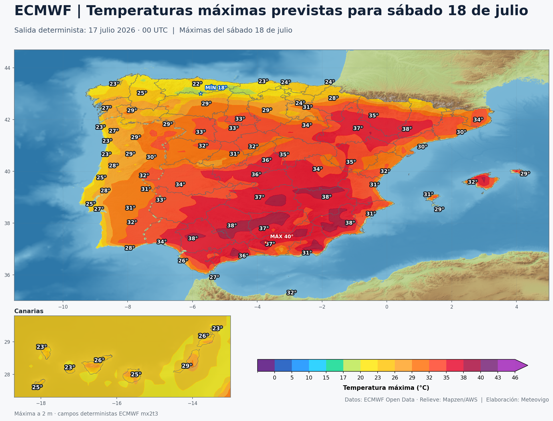 Mapa ECMWF de temperaturas máximas previstas para el sábado 18 de julio en España
