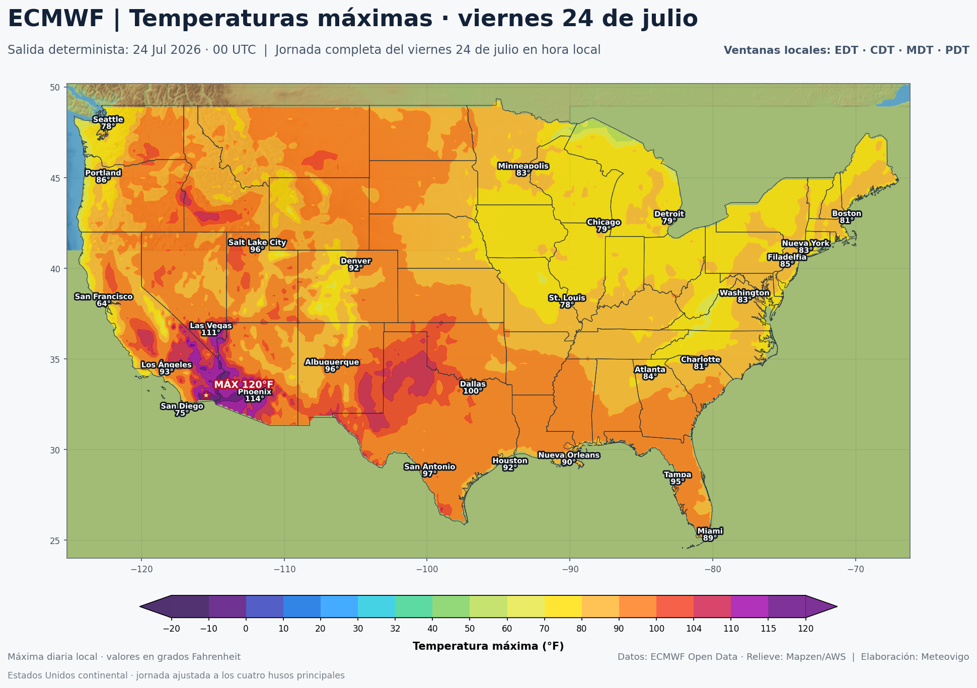Temperaturas máximas previstas en Estados Unidos para el viernes 24 de julio según el ECMWF