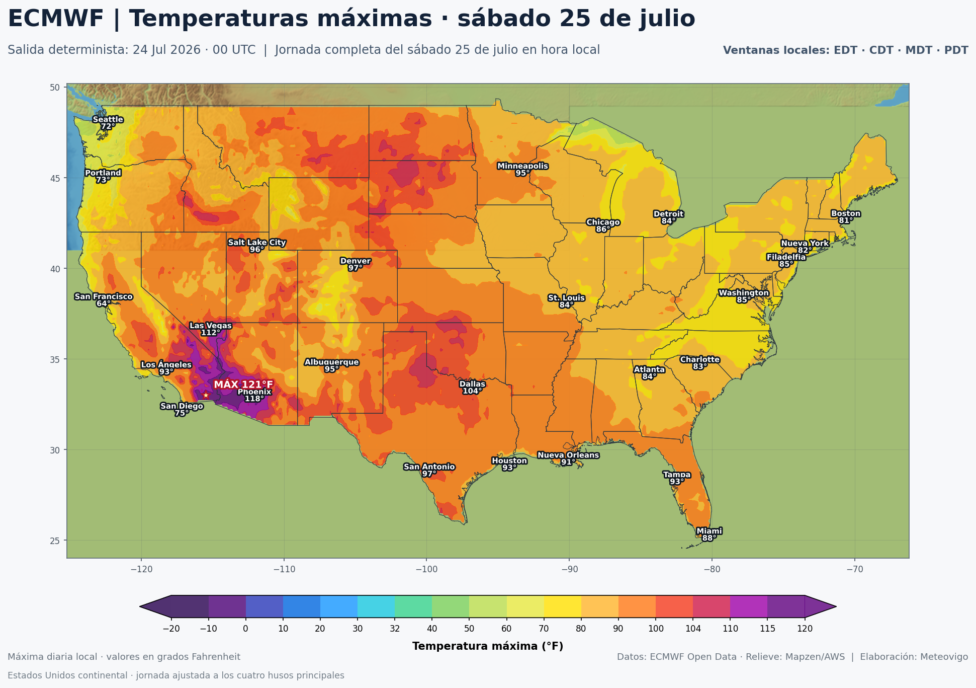 Temperaturas máximas previstas en Estados Unidos para el sábado 25 de julio según el ECMWF