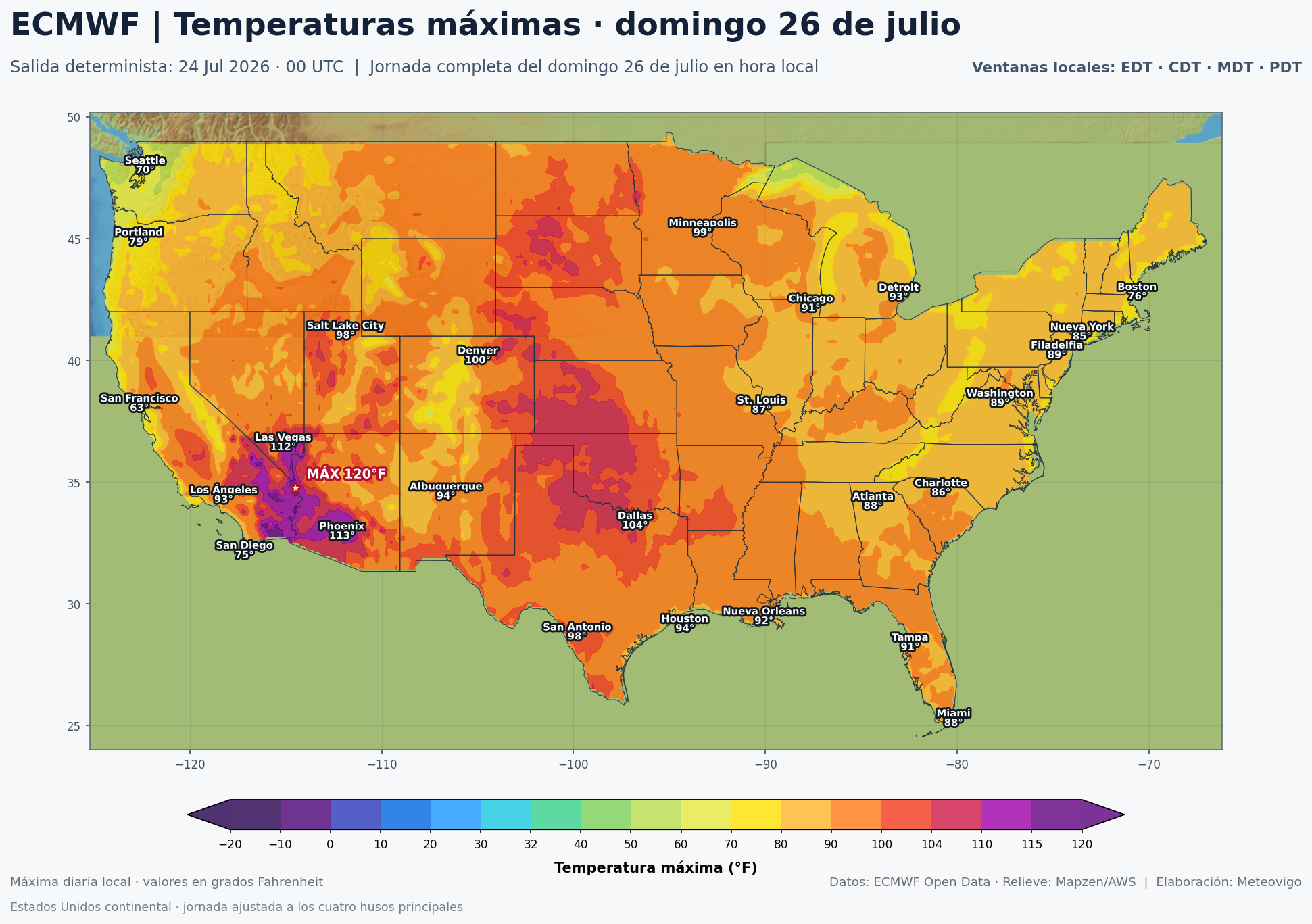 Temperaturas máximas previstas en Estados Unidos para el domingo 26 de julio según el ECMWF