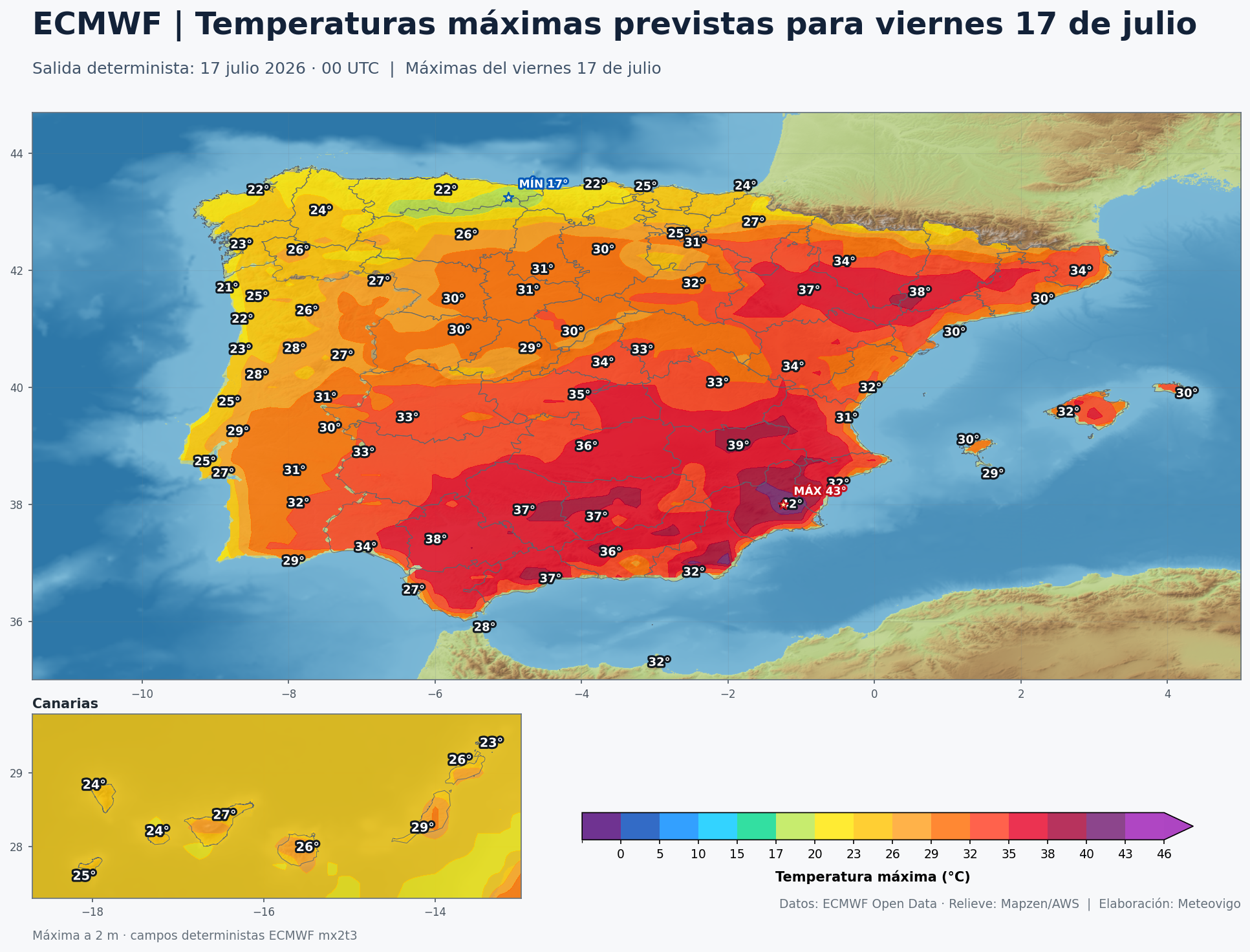 Mapa ECMWF de temperaturas máximas previstas para el viernes 17 de julio en España