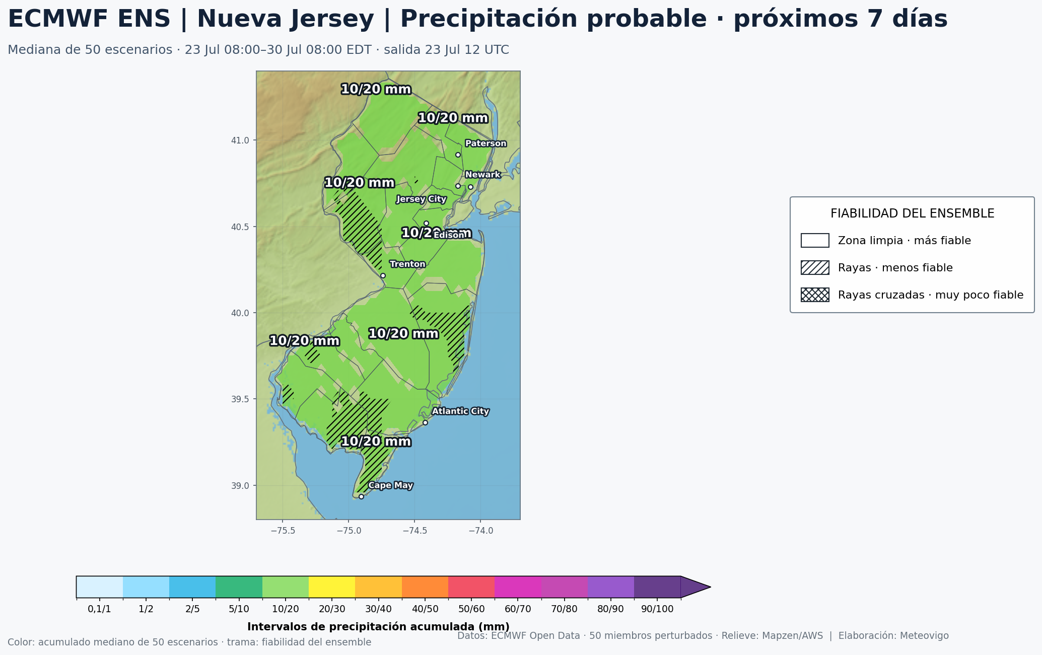 Mapa de precipitaci&oacute;n acumulada y fiabilidad del ensemble ECMWF en Nueva Jersey para los pr&oacute;ximos siete d&iacute;as