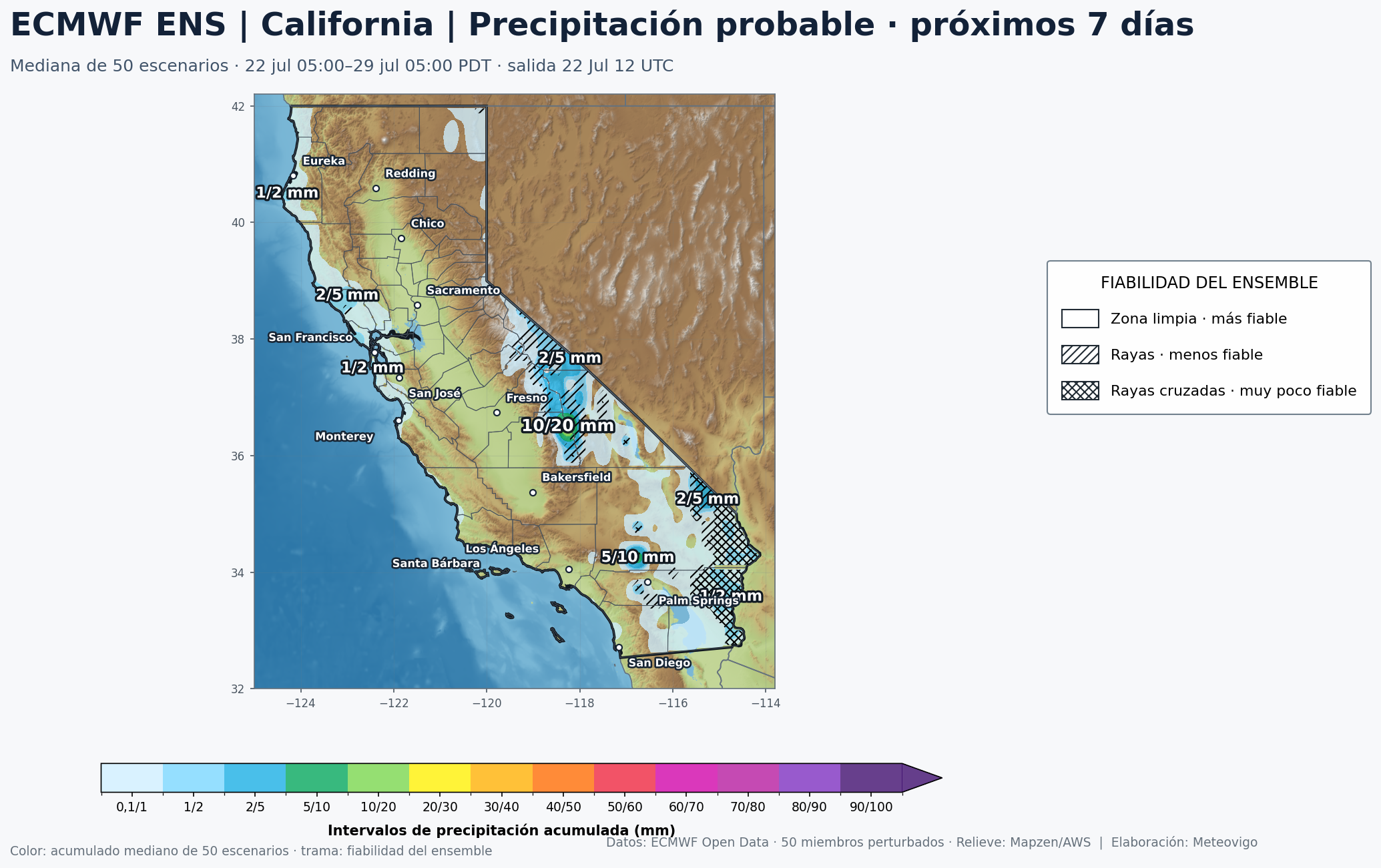 Mapa de precipitación acumulada y fiabilidad del ensemble ECMWF en California durante siete días