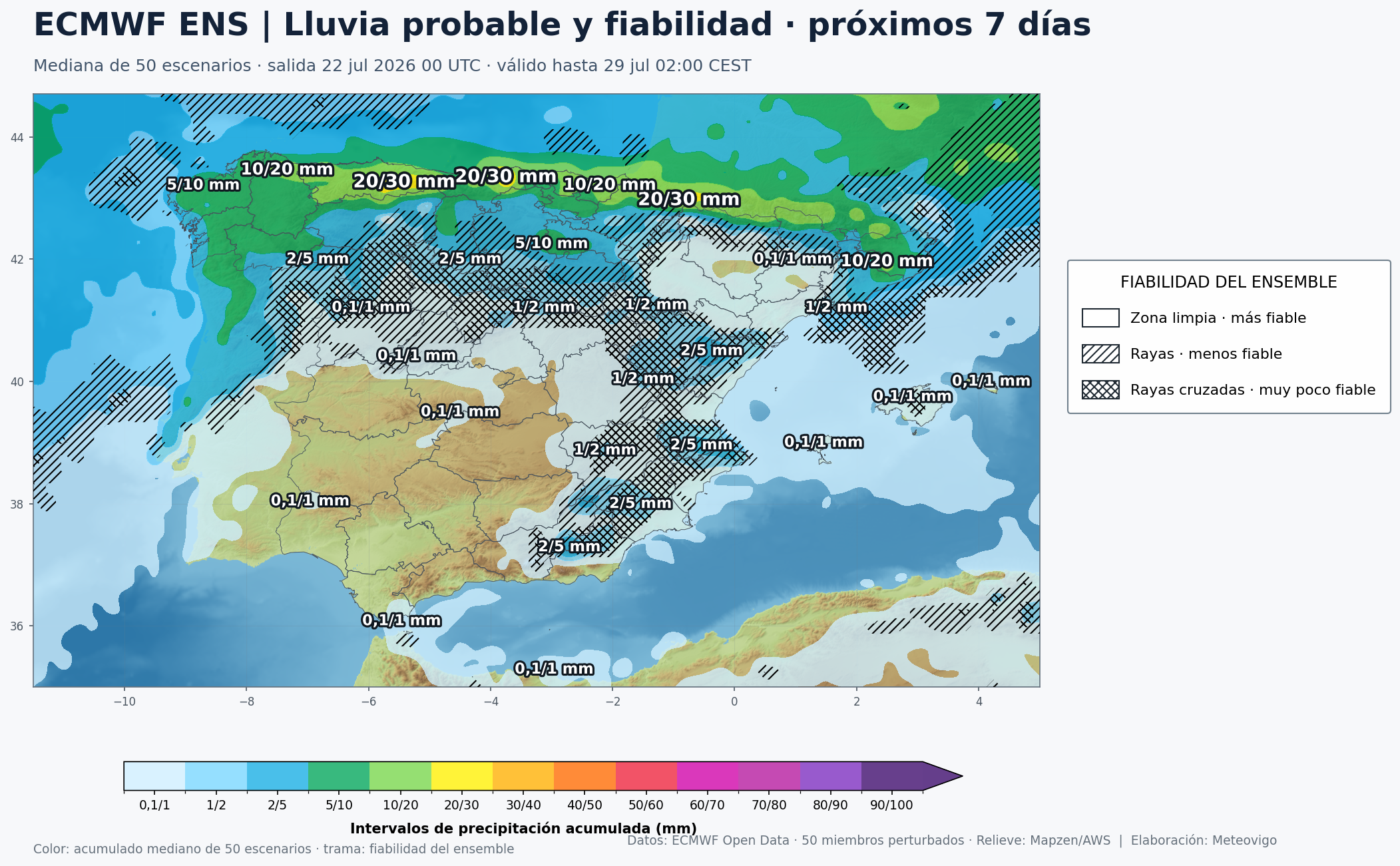 Mapa ensemble de precipitaciones y fiabilidad para la Península y Baleares