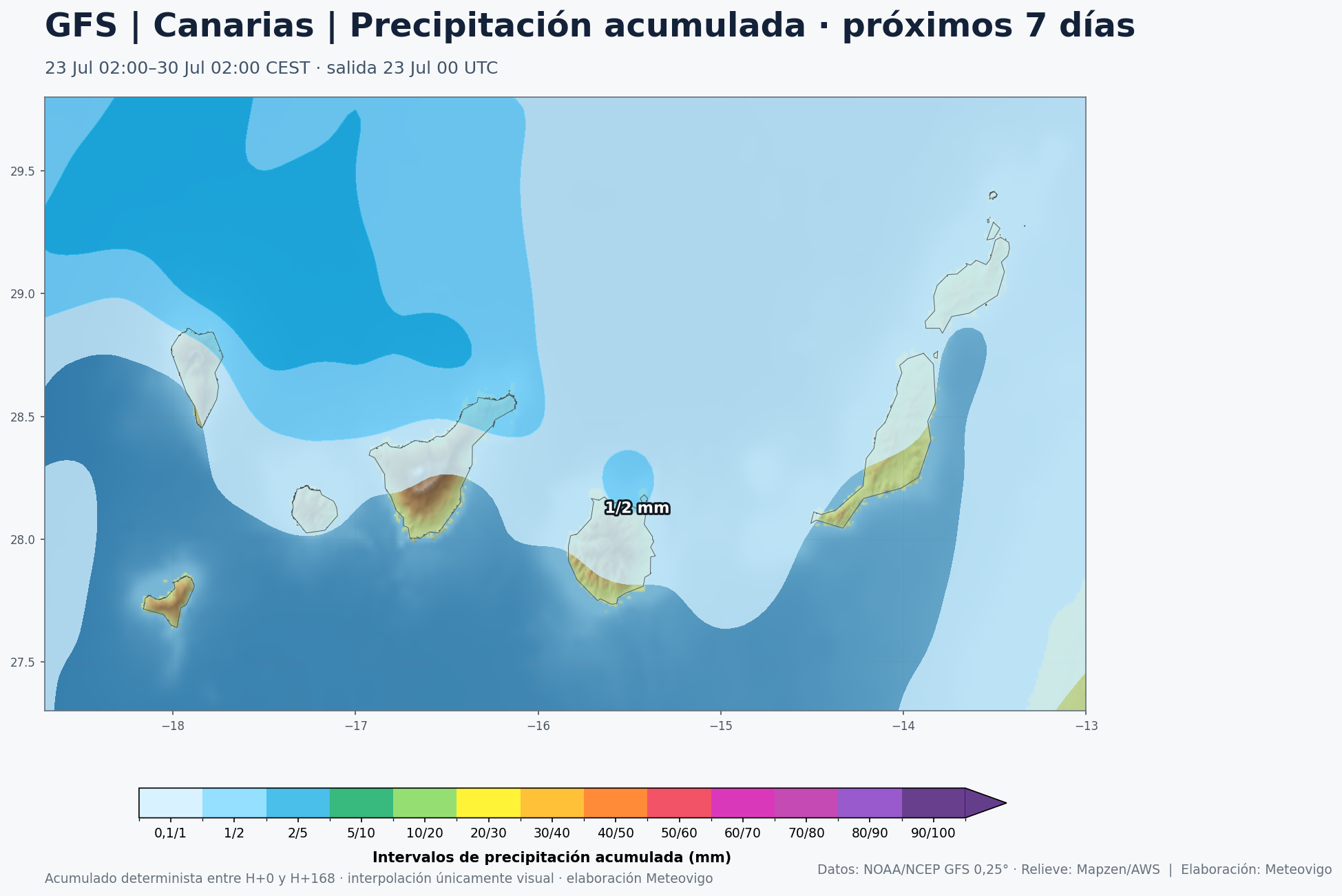 Mapa GFS de precipitaciones acumuladas durante siete d&iacute;as en Canarias