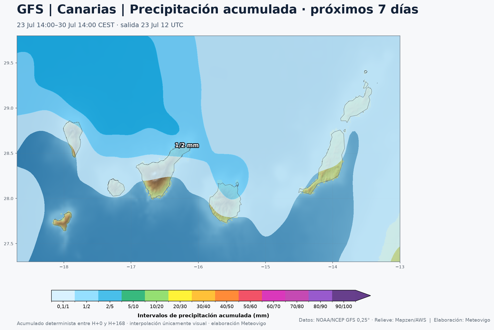 Precipitaci&oacute;n acumulada prevista por el modelo GFS durante los pr&oacute;ximos siete d&iacute;as en Canarias