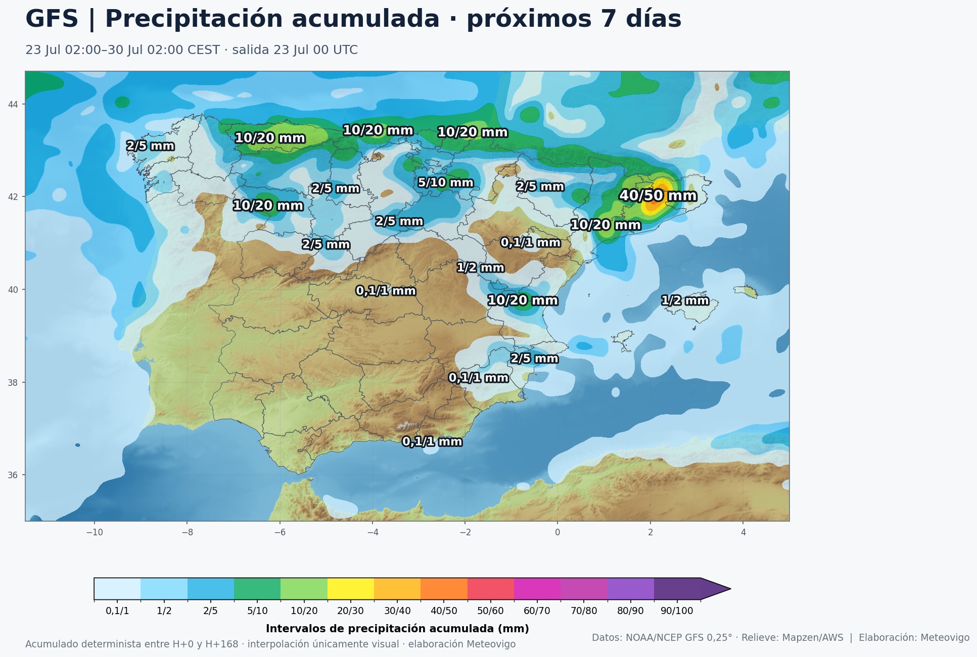 Mapa GFS de precipitaciones acumuladas durante siete d&iacute;as en la Pen&iacute;nsula, Baleares, Ceuta y Melilla