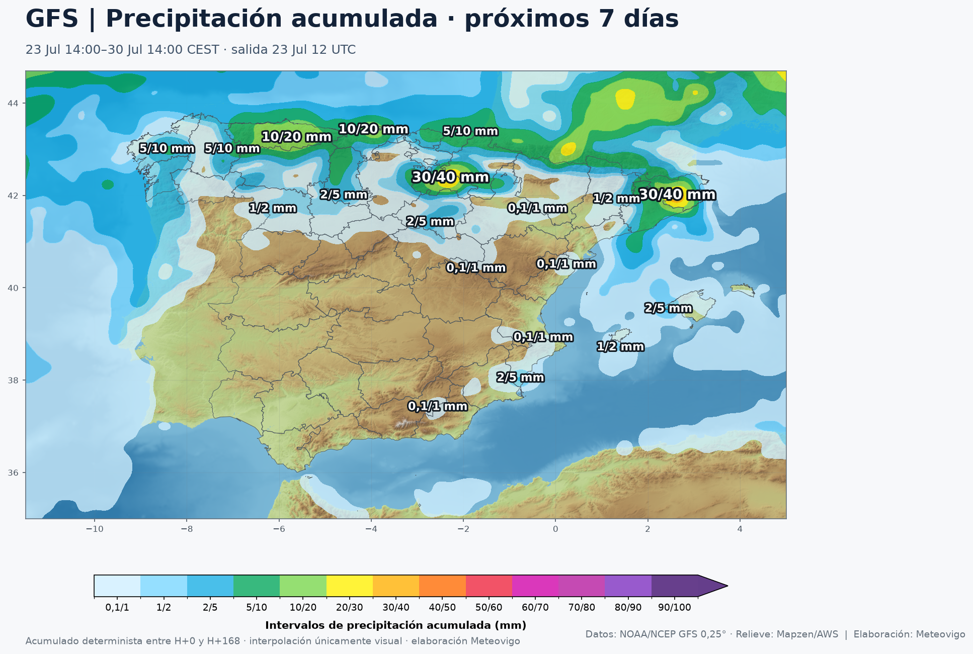 Precipitaci&oacute;n acumulada prevista por el modelo GFS durante los pr&oacute;ximos siete d&iacute;as en la Pen&iacute;nsula, Baleares, Ceuta y Melilla