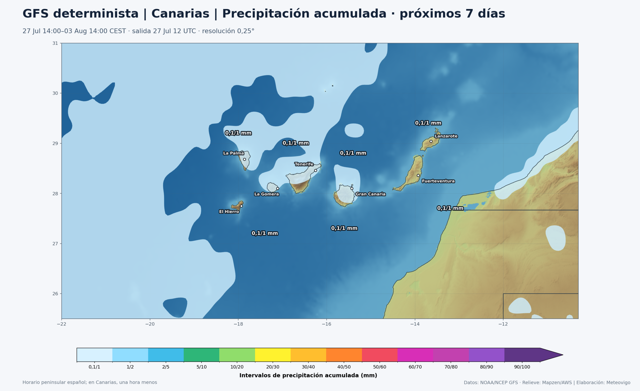 Mapa de precipitaci&oacute;n acumulada del GFS determinista para Canarias entre el 27 de julio y el 3 de agosto de 2026
