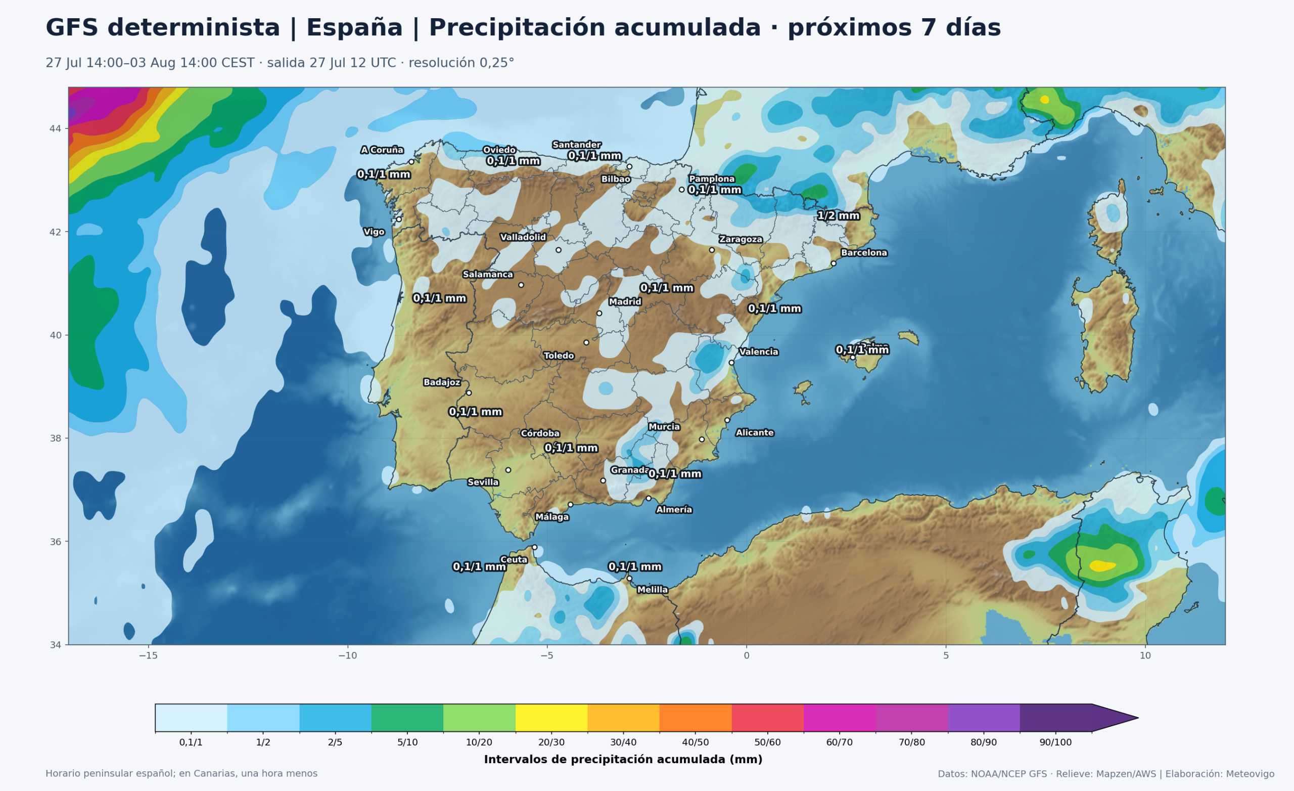 Mapa de precipitaci&oacute;n acumulada del GFS determinista para la Pen&iacute;nsula, Baleares, Ceuta y Melilla entre el 27 de julio y el 3 de agosto de 2026