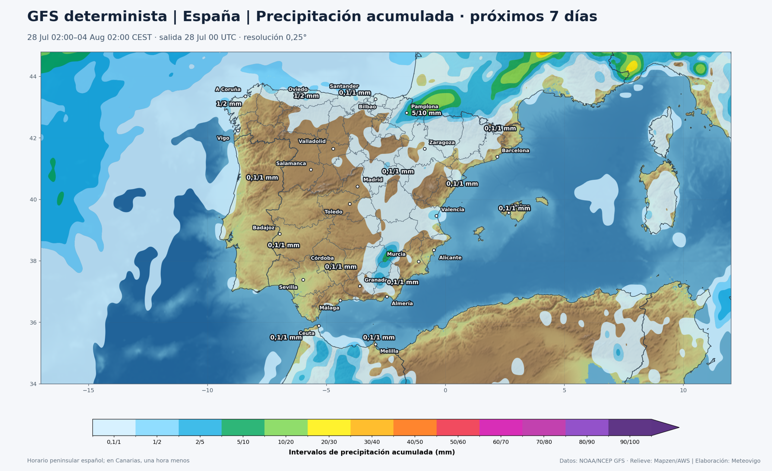 Mapa de precipitaci&oacute;n acumulada del GFS determinista para la Pen&iacute;nsula, Baleares, Ceuta y Melilla entre el 28 de julio y el 4 de agosto de 2026