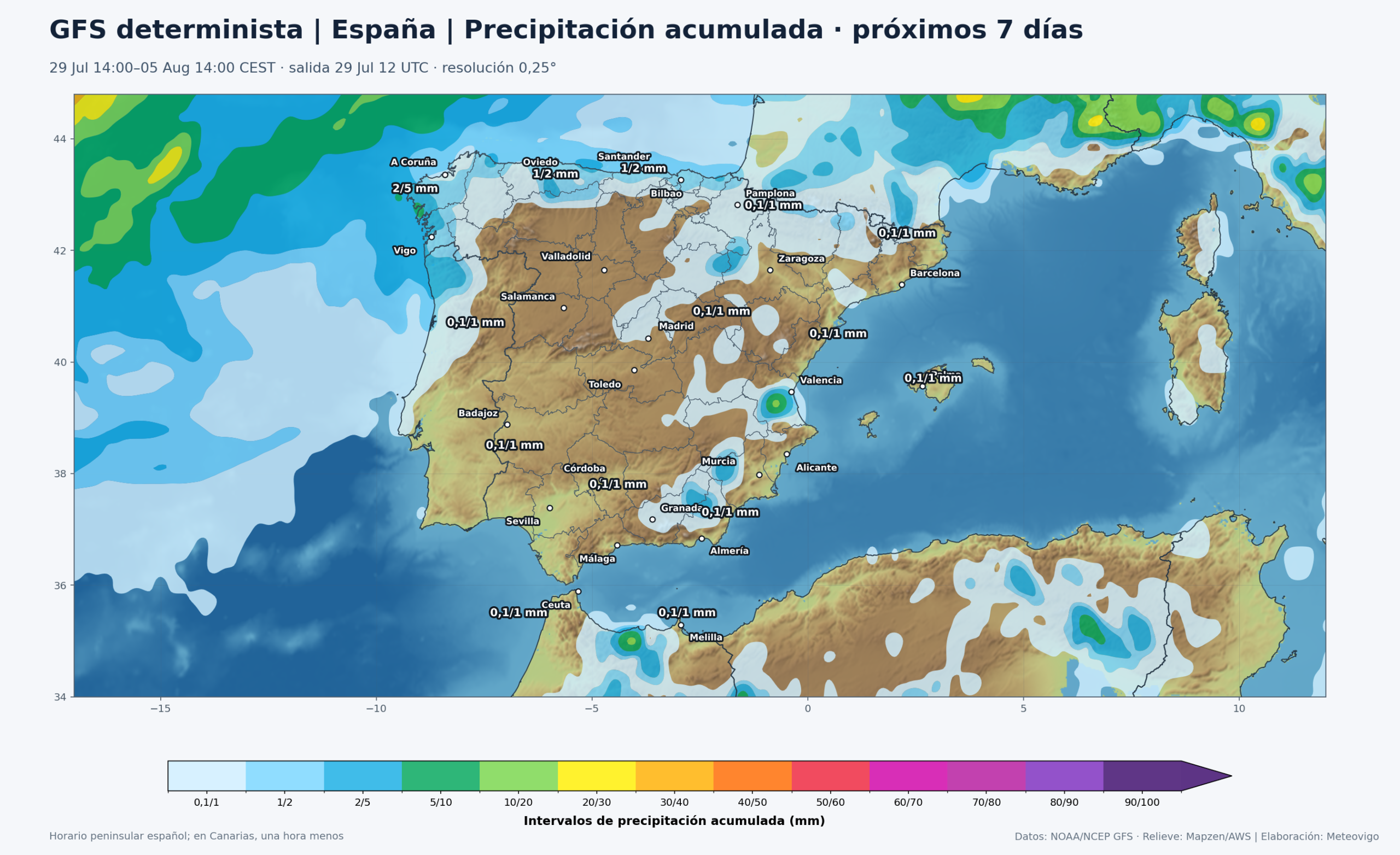Mapa de precipitación acumulada del GFS determinista para la Península, Baleares, Ceuta y Melilla del 29 de julio al 5 de agosto de 2026
