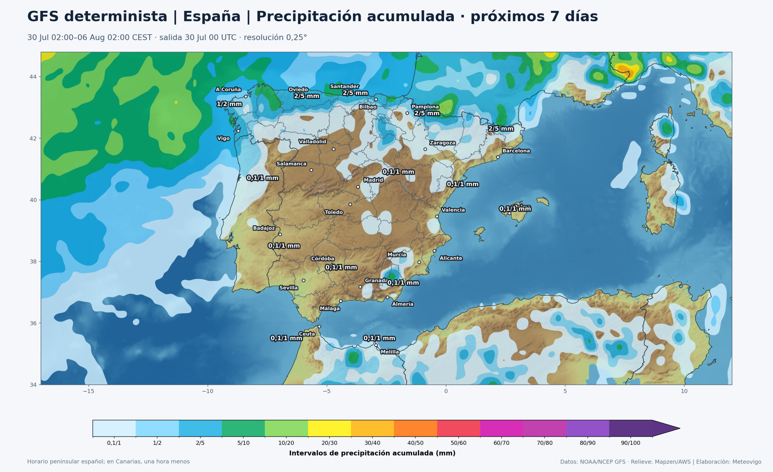 Mapa de precipitación acumulada del GFS determinista para la Península, Baleares, Ceuta y Melilla entre el 30 de julio y el 6 de agosto de 2026