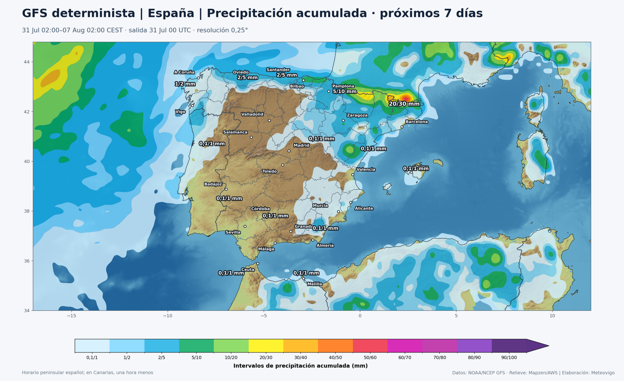 Mapa de precipitación acumulada del GFS determinista para la Península, Baleares, Ceuta y Melilla del 31 de julio al 7 de agosto de 2026
