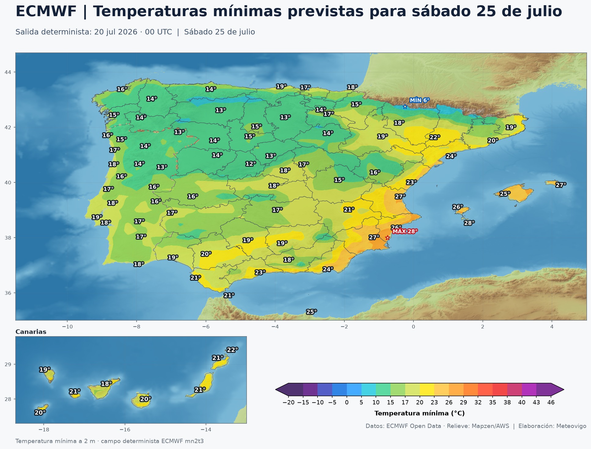Temperaturas mínimas previstas para el sábado 25