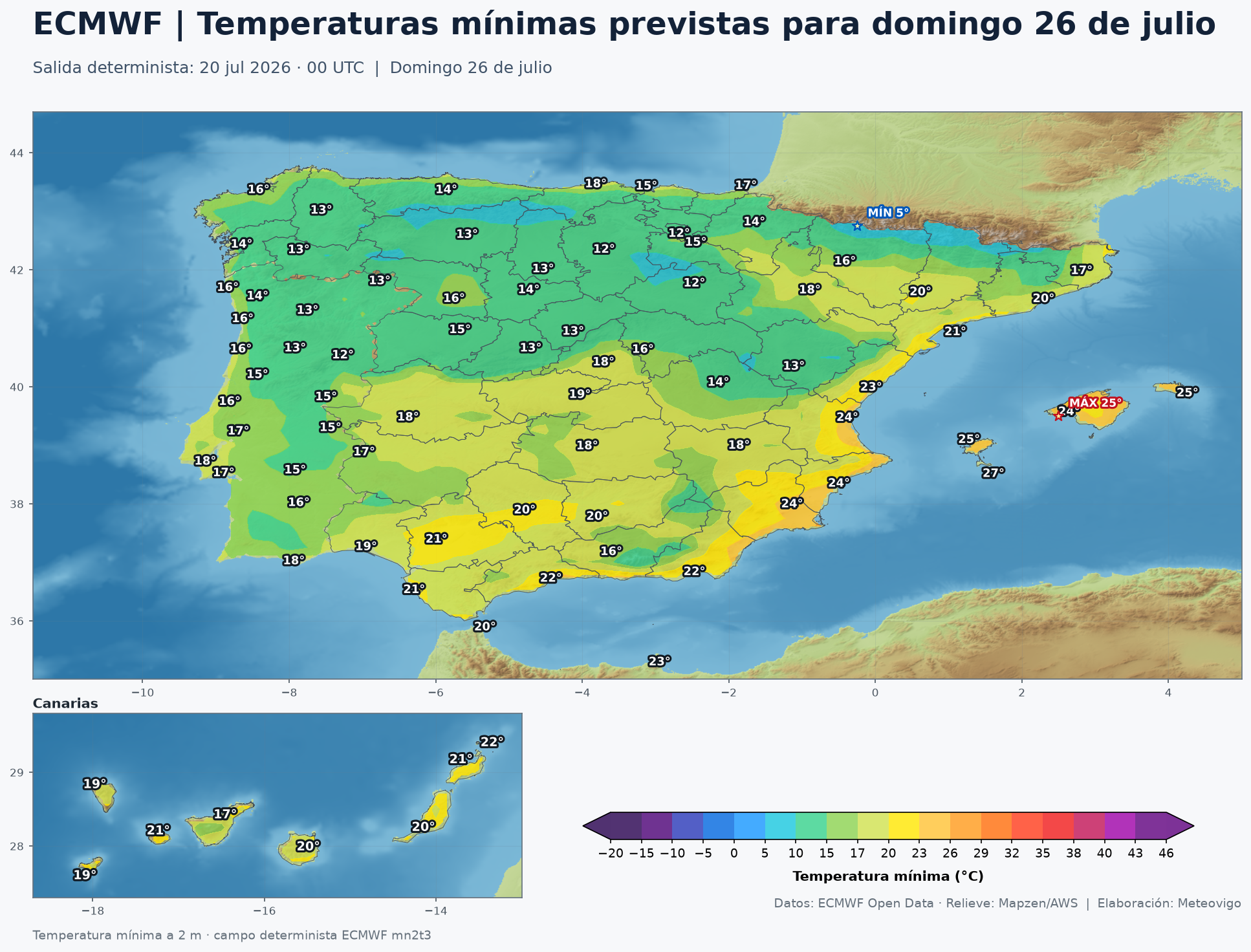 Temperaturas mínimas previstas para el domingo 26