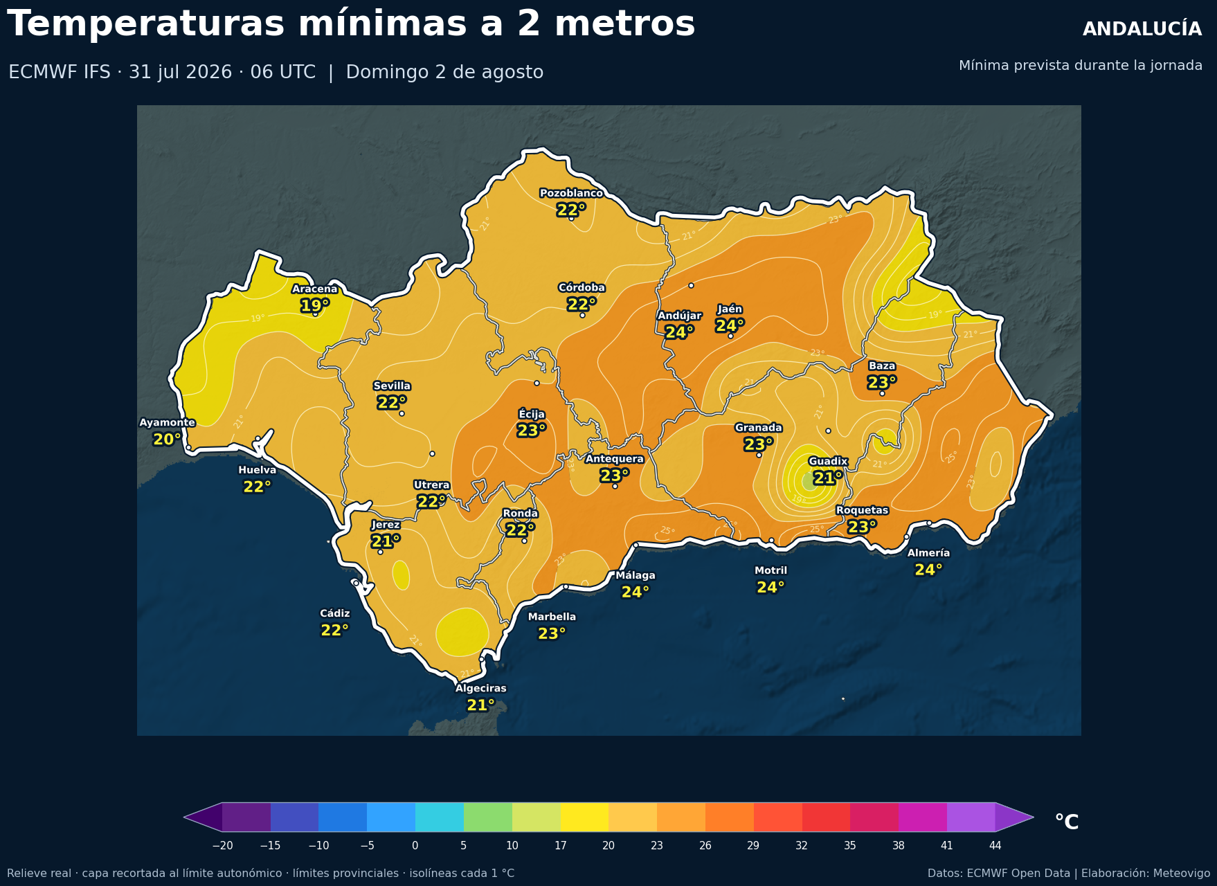 Temperaturas mínimas previstas en Andalucía para el domingo 2 de agosto de 2026