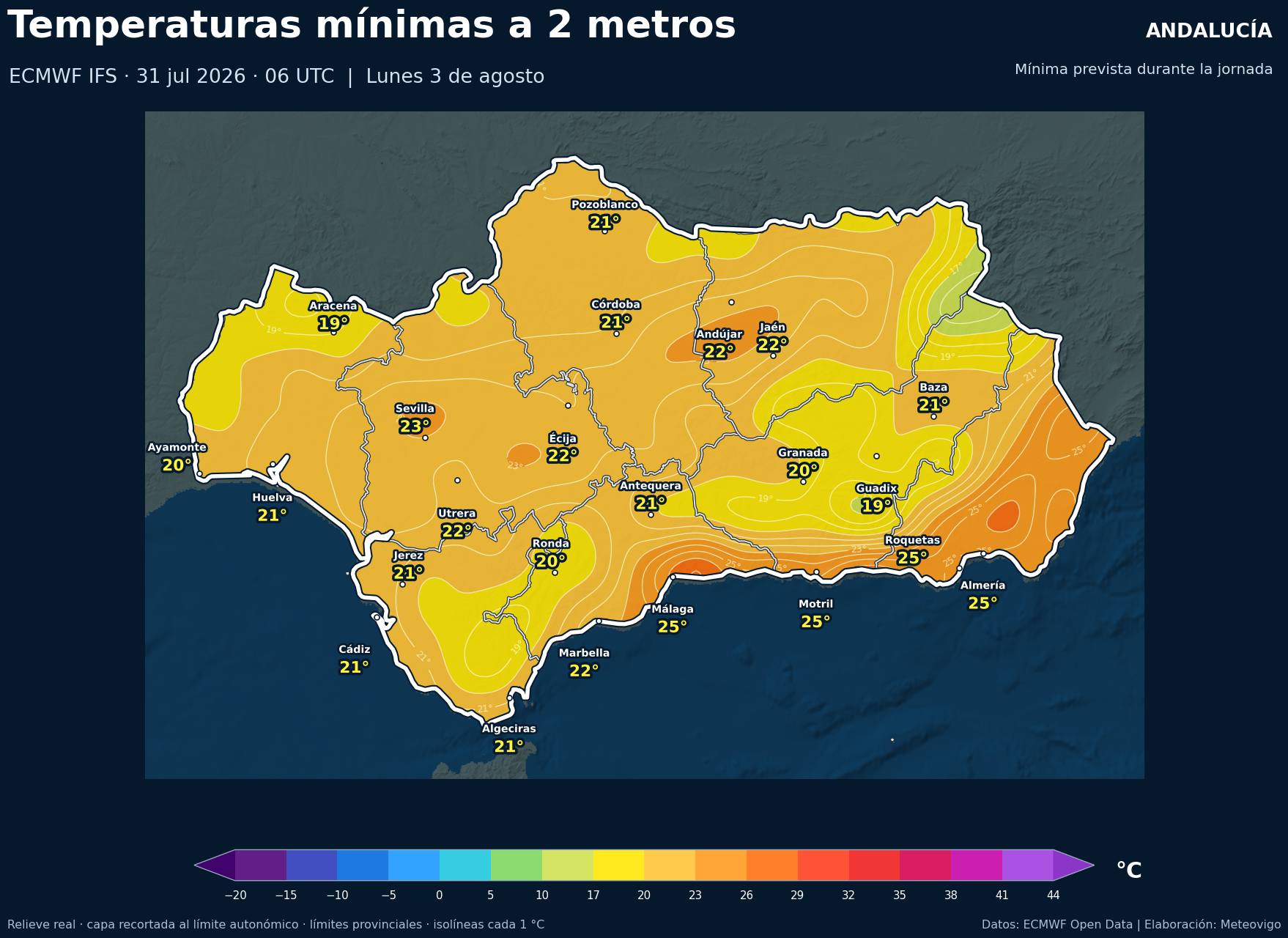 Temperaturas mínimas previstas en Andalucía para el lunes 3 de agosto de 2026