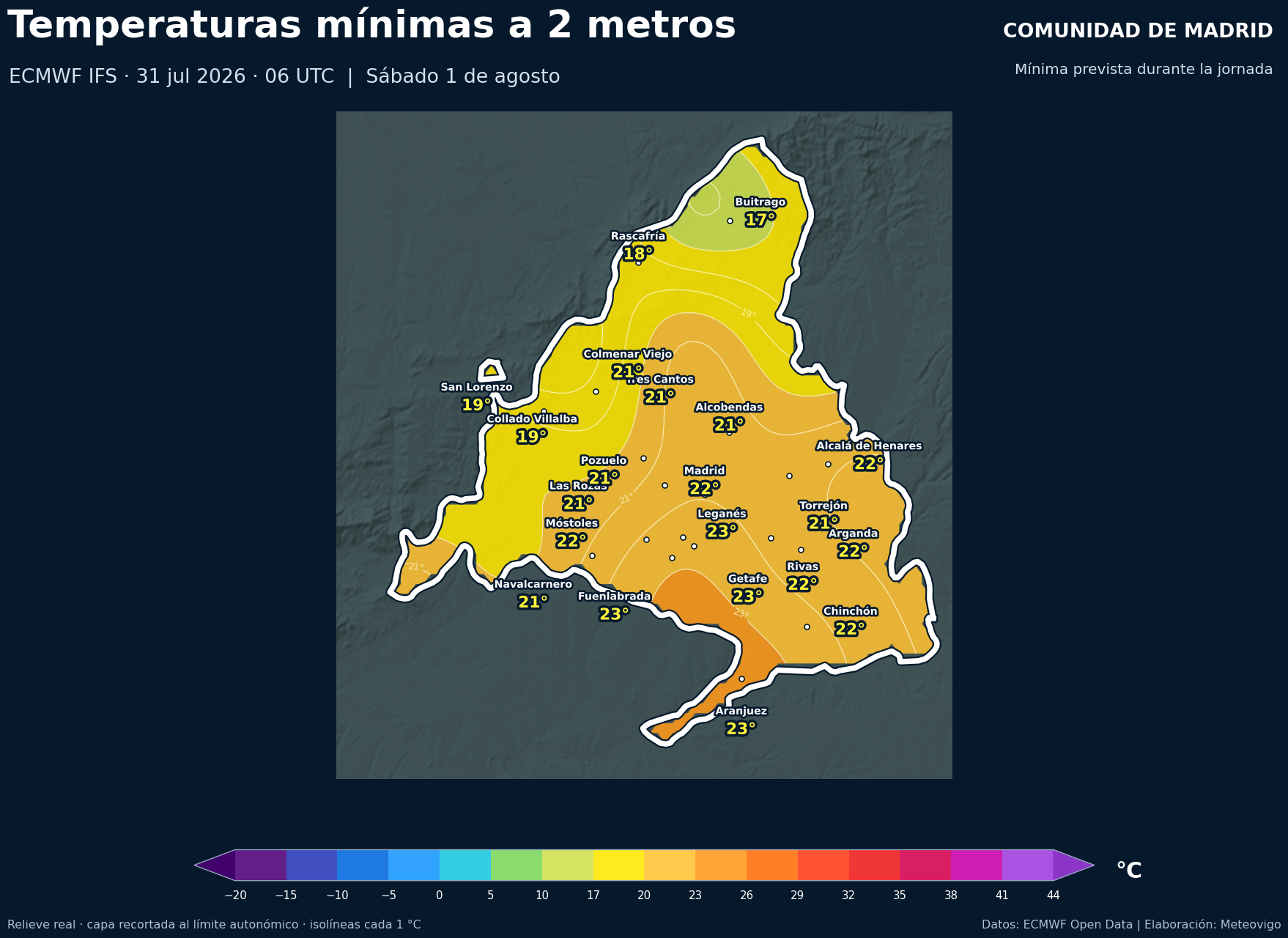 Temperaturas mínimas previstas en la Comunidad de Madrid para el sábado 1 de agosto de 2026