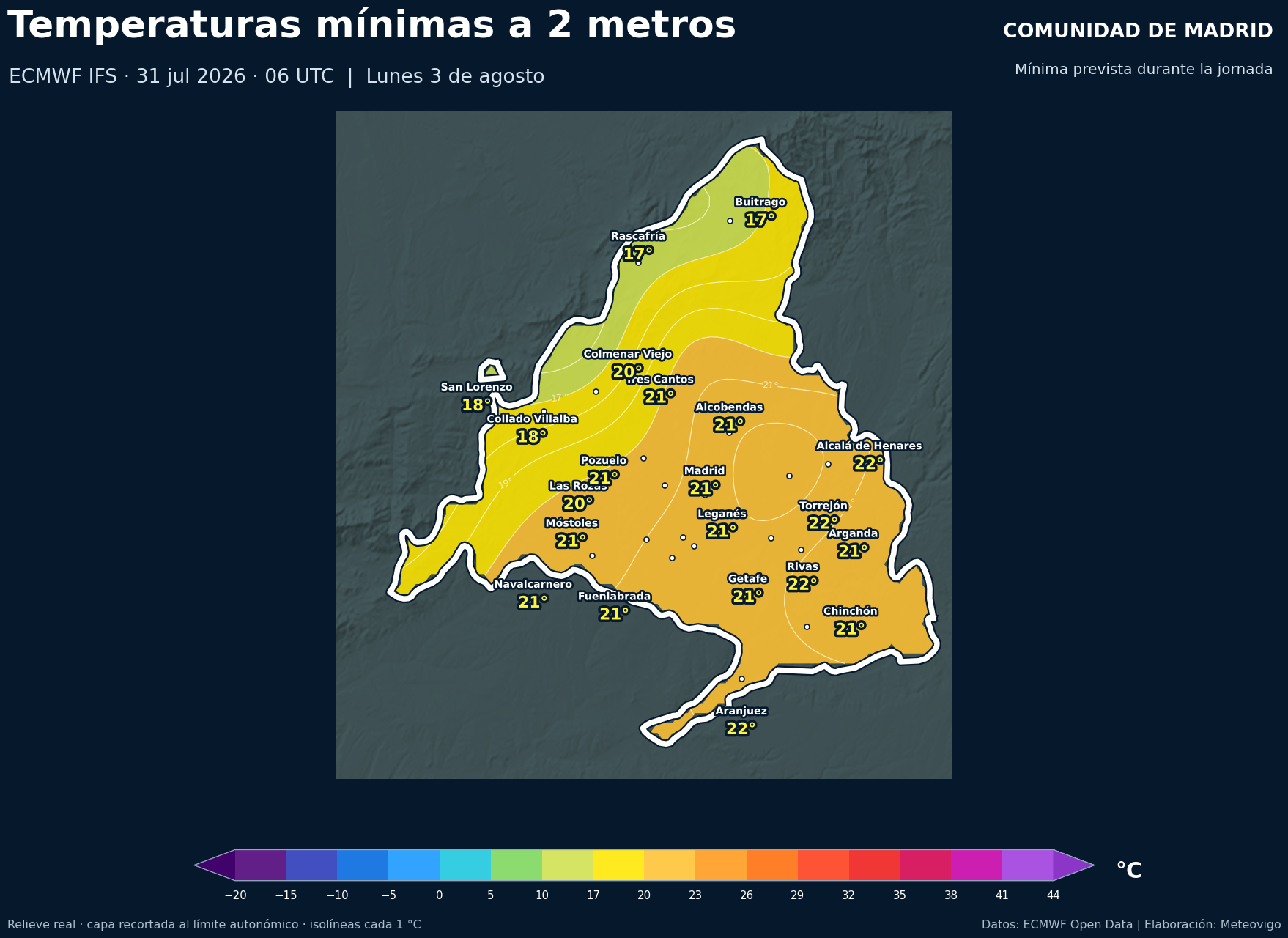 Temperaturas mínimas previstas en la Comunidad de Madrid para el lunes 3 de agosto de 2026