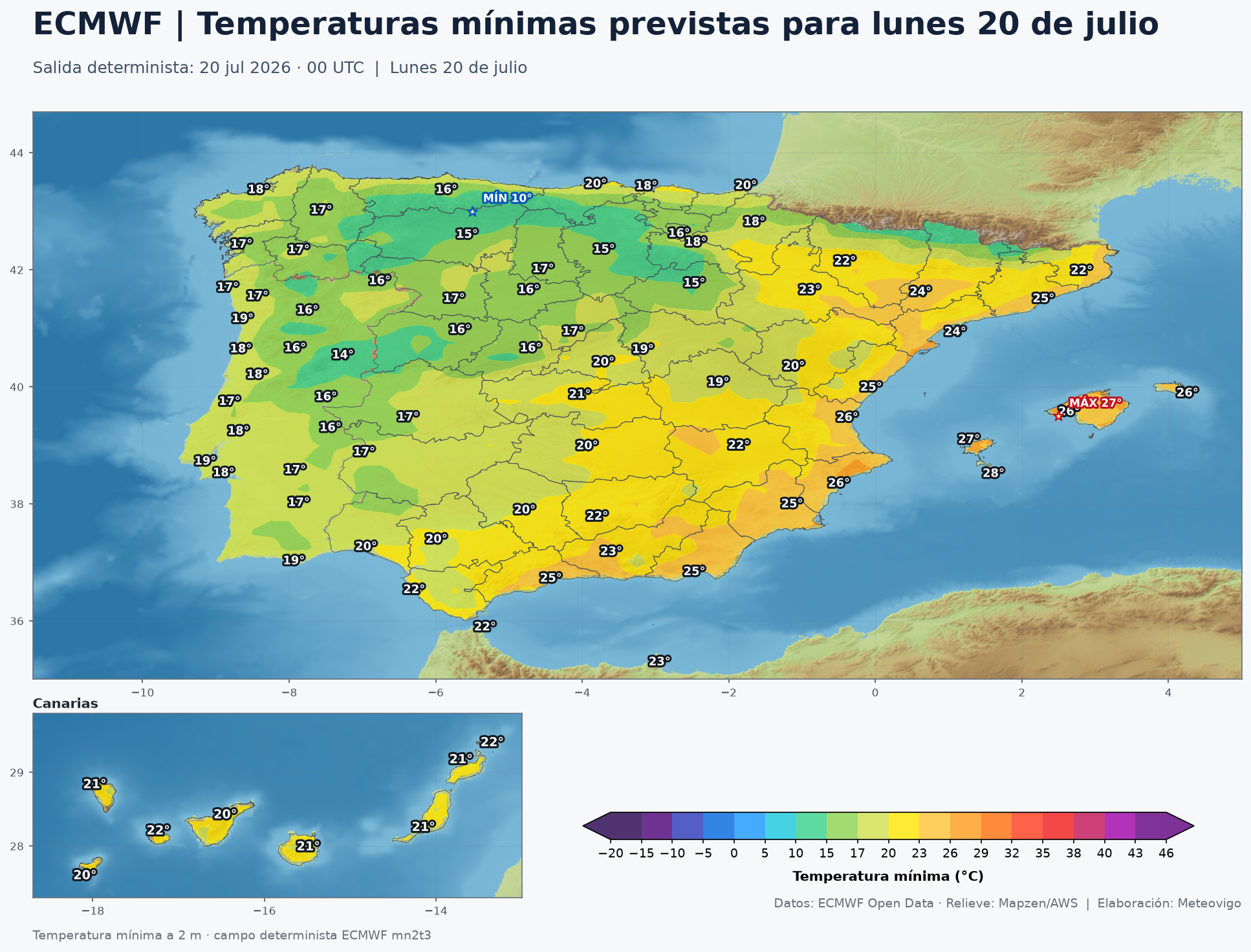 Mapa ECMWF de temperaturas mínimas para el lunes 20