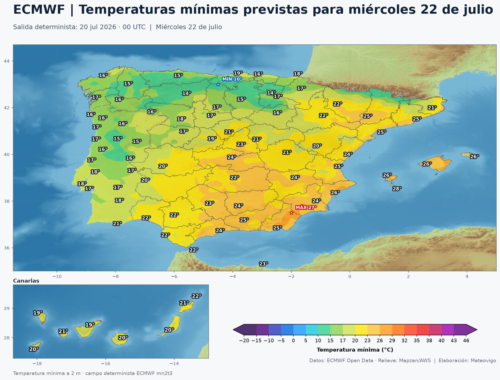 Mapa ECMWF de temperaturas mínimas para el miércoles 22