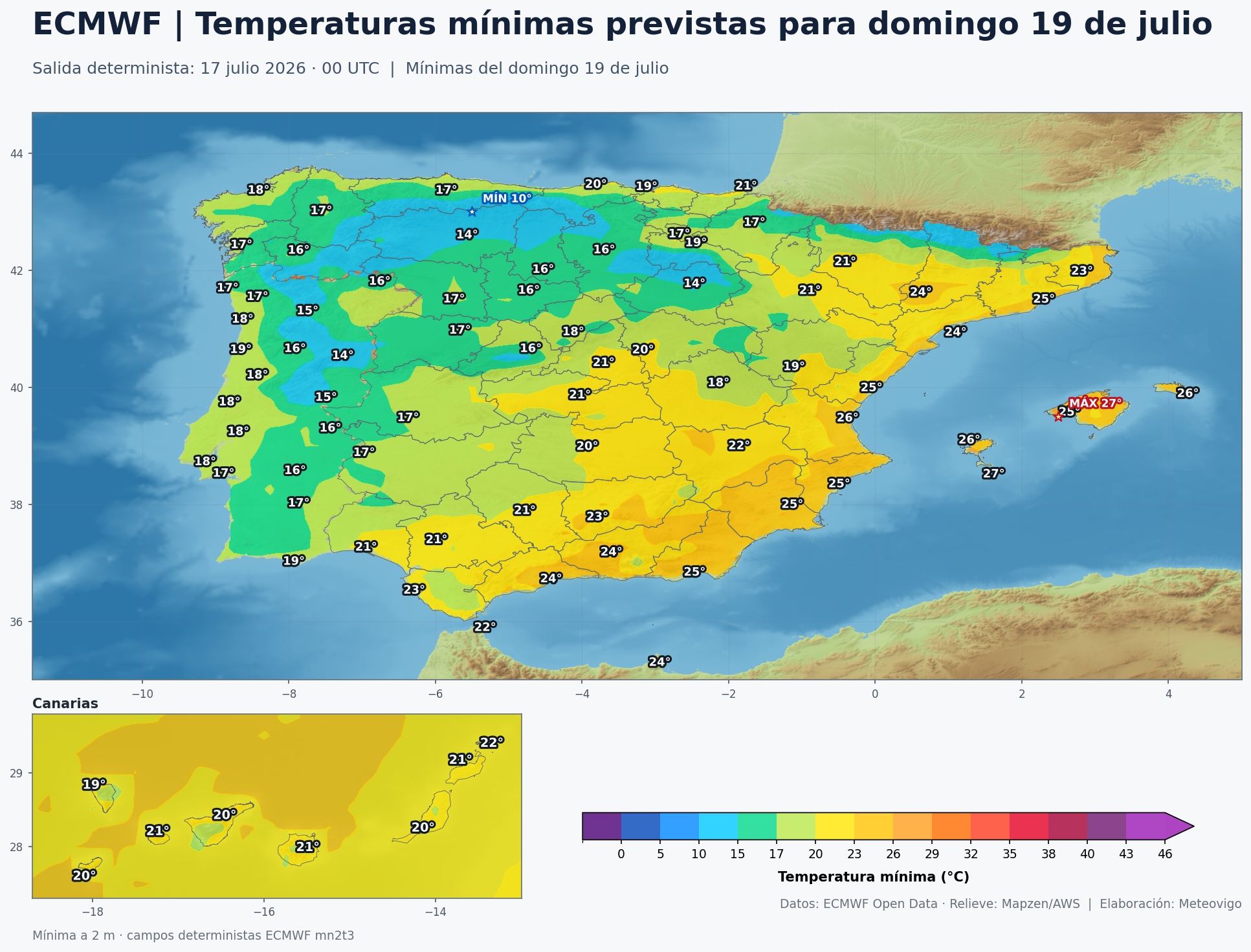 Mapa ECMWF de temperaturas mínimas previstas para el domingo 19 de julio en España