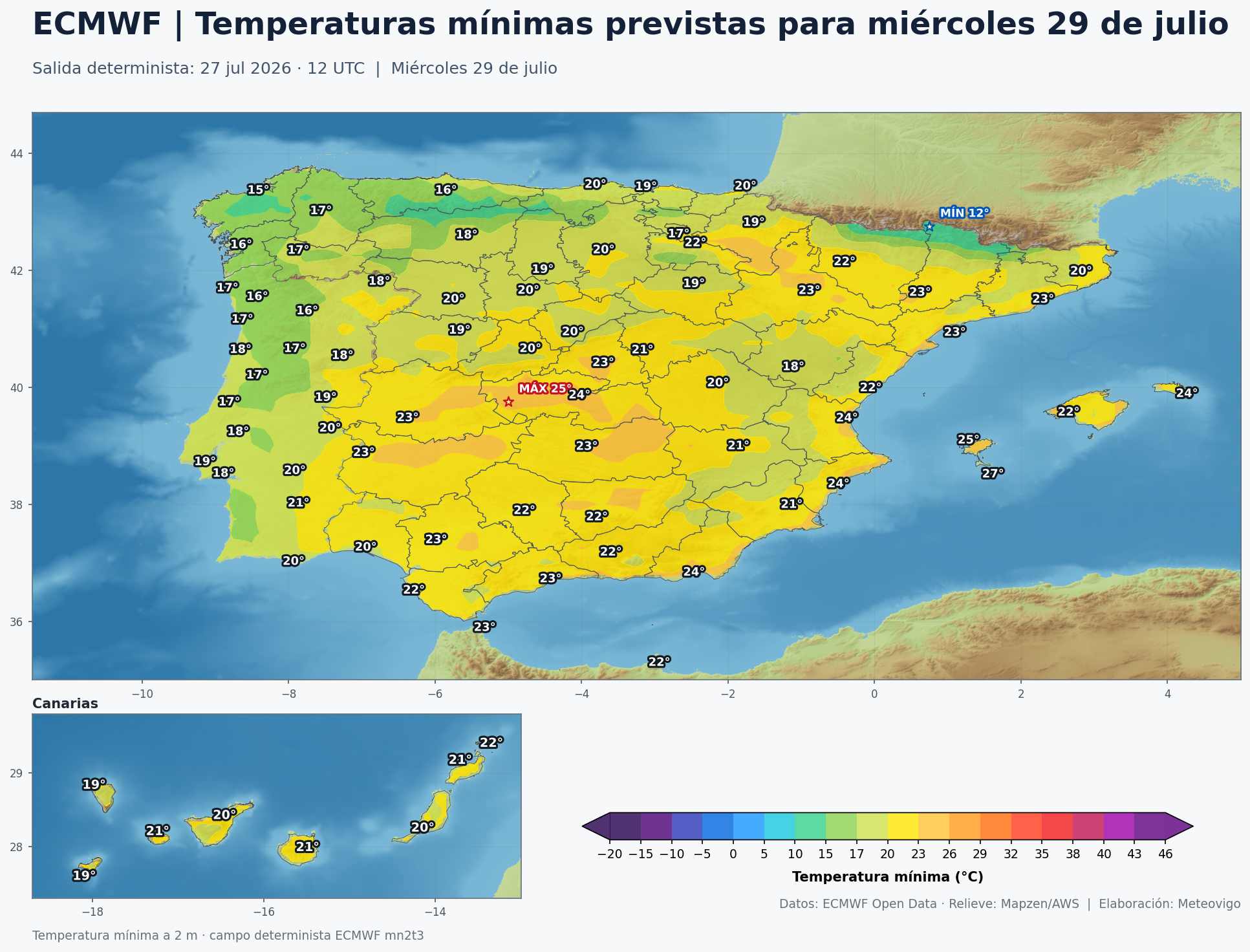 Temperaturas m&iacute;nimas previstas en Espa&ntilde;a para el mi&eacute;rcoles 29 de julio seg&uacute;n el ECMWF