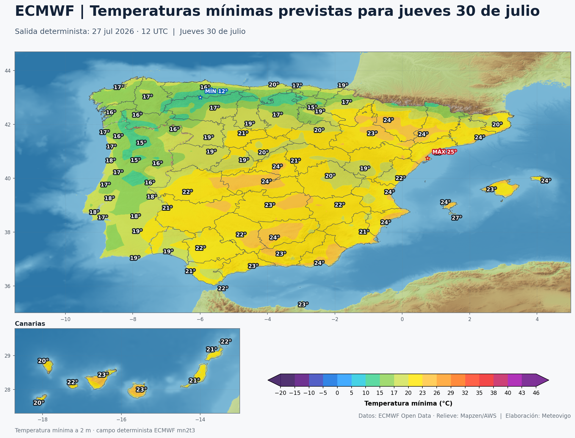 Temperaturas m&iacute;nimas previstas en Espa&ntilde;a para el jueves 30 de julio seg&uacute;n el ECMWF