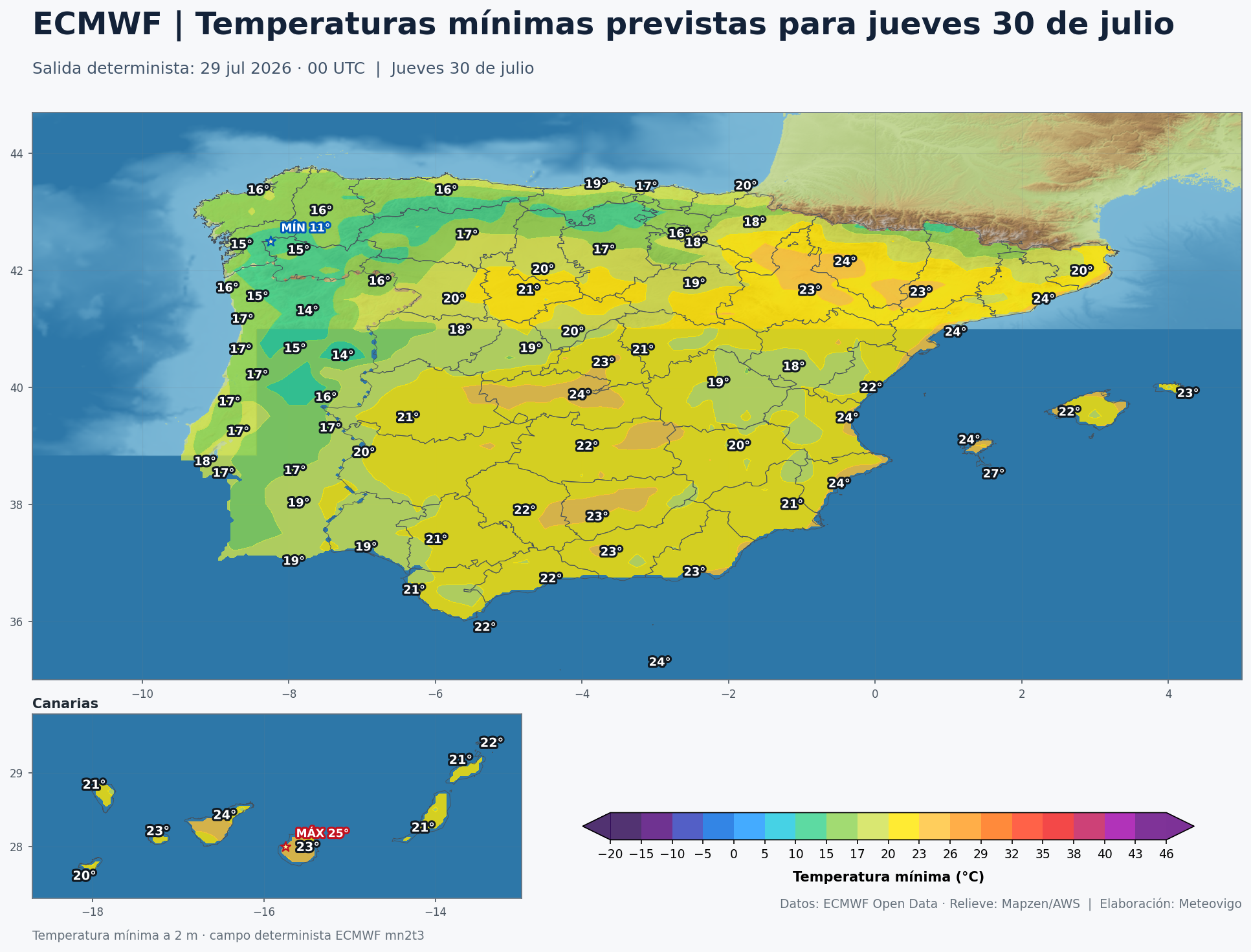 Temperaturas m&iacute;nimas previstas en Espa&ntilde;a para el jueves 30 de julio seg&uacute;n el modelo europeo