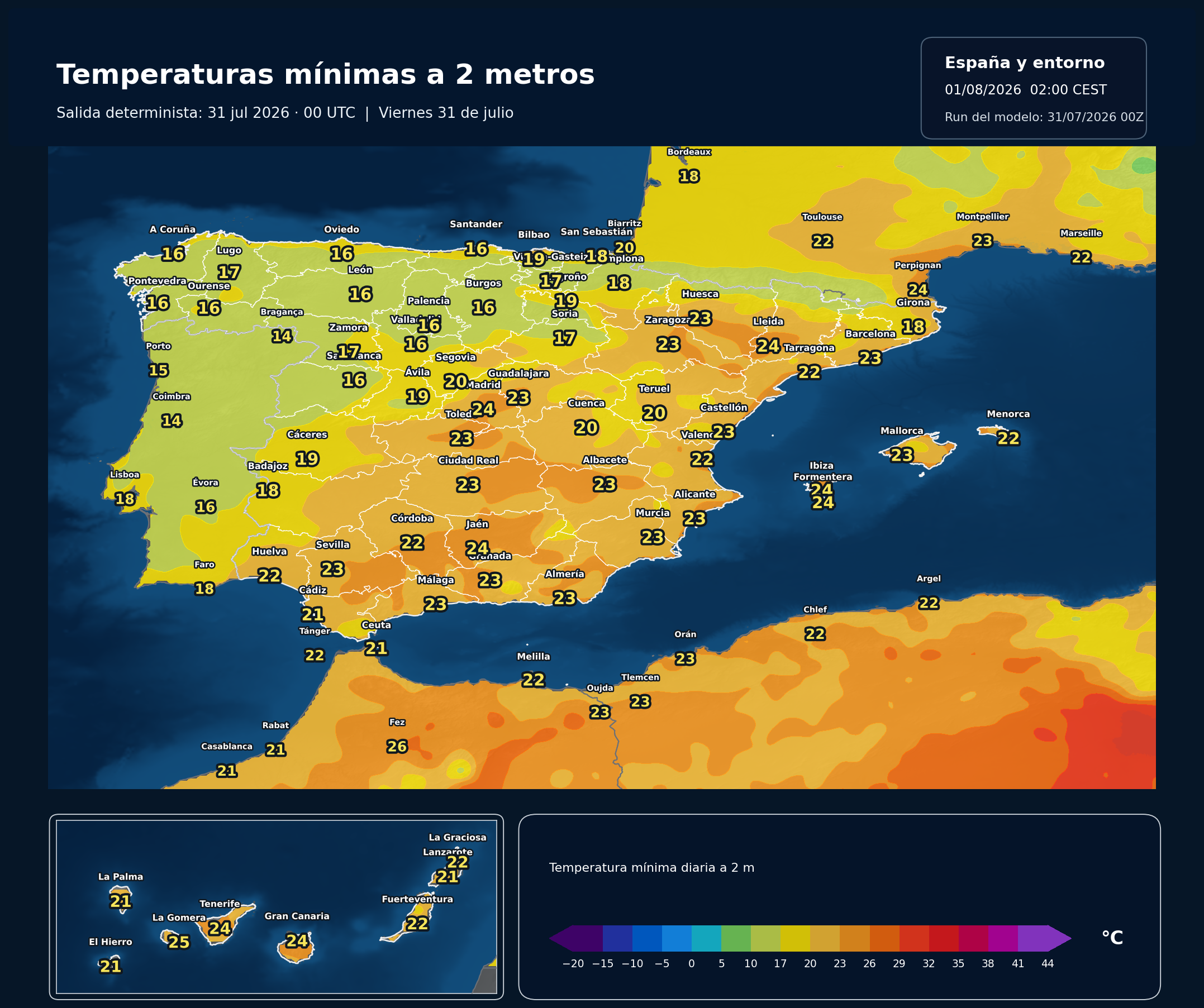 Temperaturas mínimas previstas en España para el viernes 31 de julio según el modelo europeo