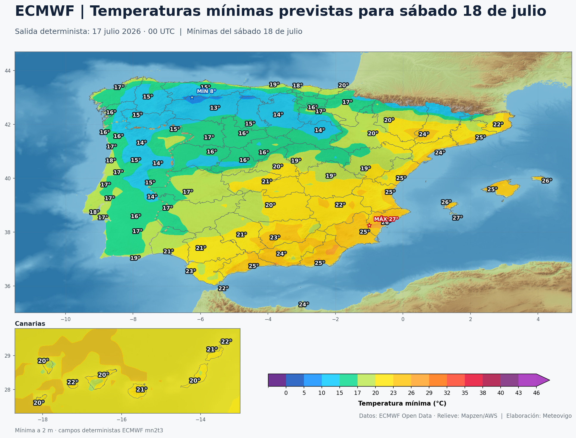 Mapa ECMWF de temperaturas mínimas previstas para el sábado 18 de julio en España