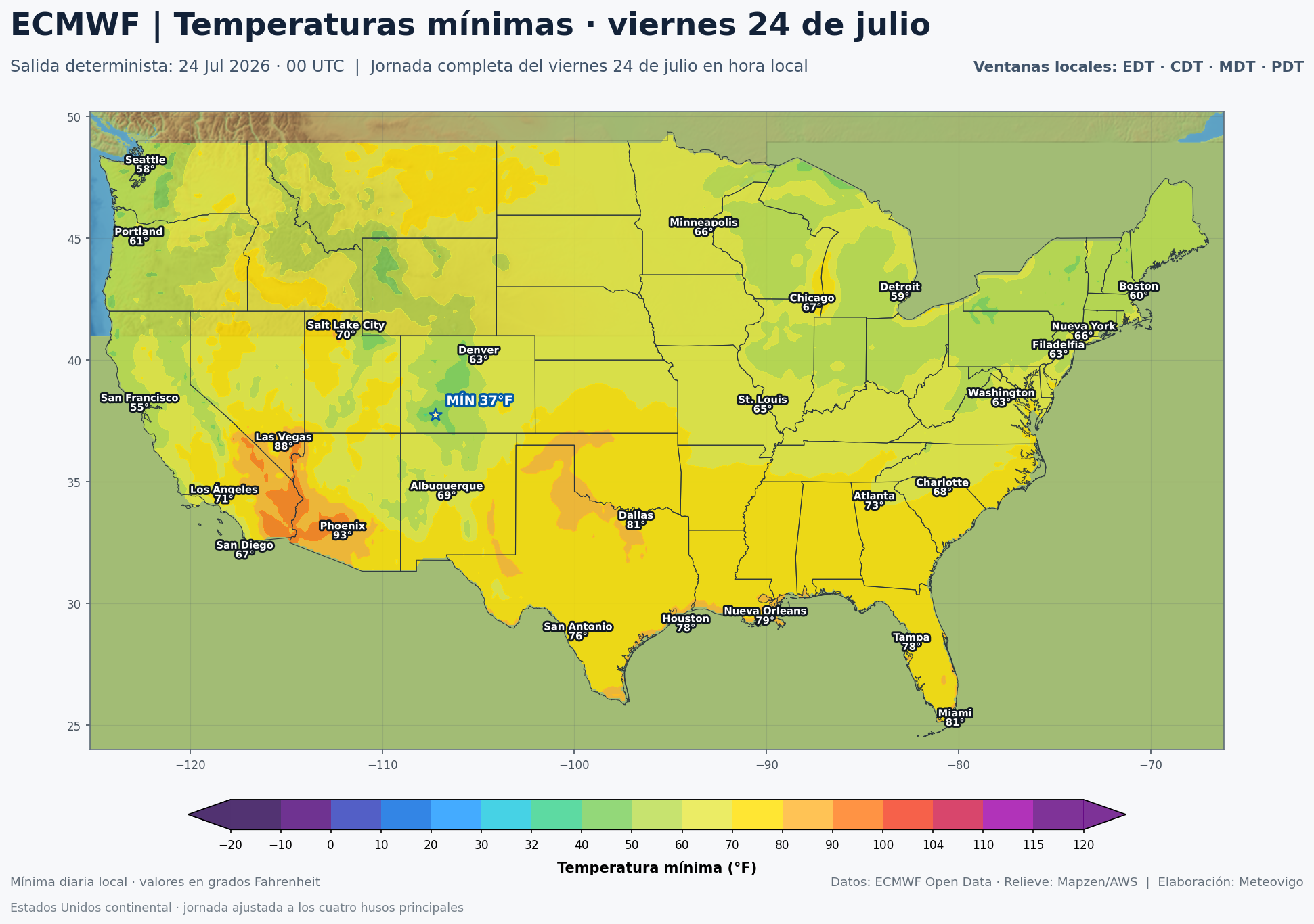 Temperaturas mínimas previstas en Estados Unidos para el viernes 24 de julio según el ECMWF