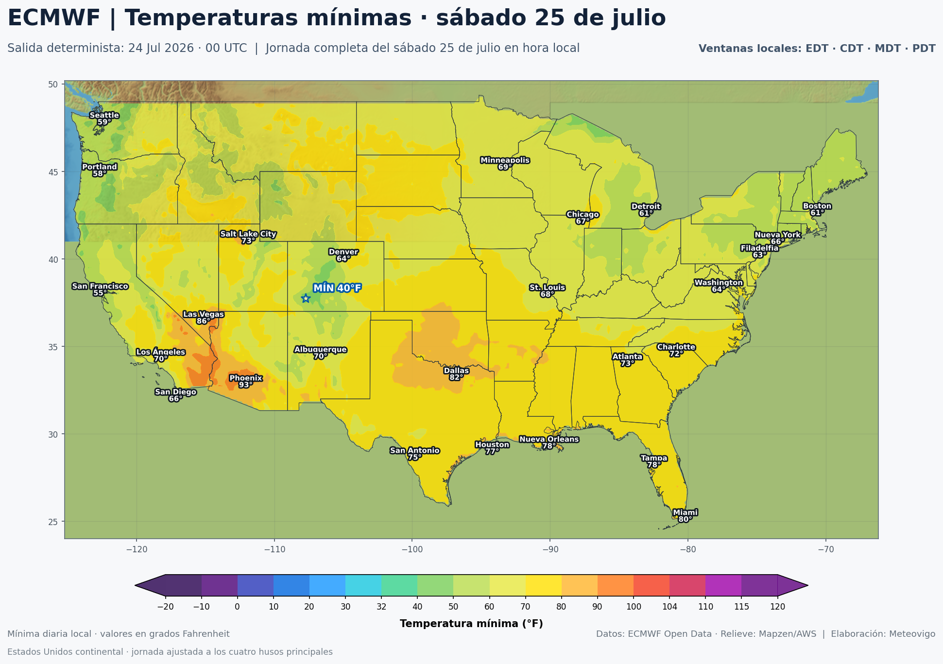 Temperaturas mínimas previstas en Estados Unidos para el sábado 25 de julio según el ECMWF