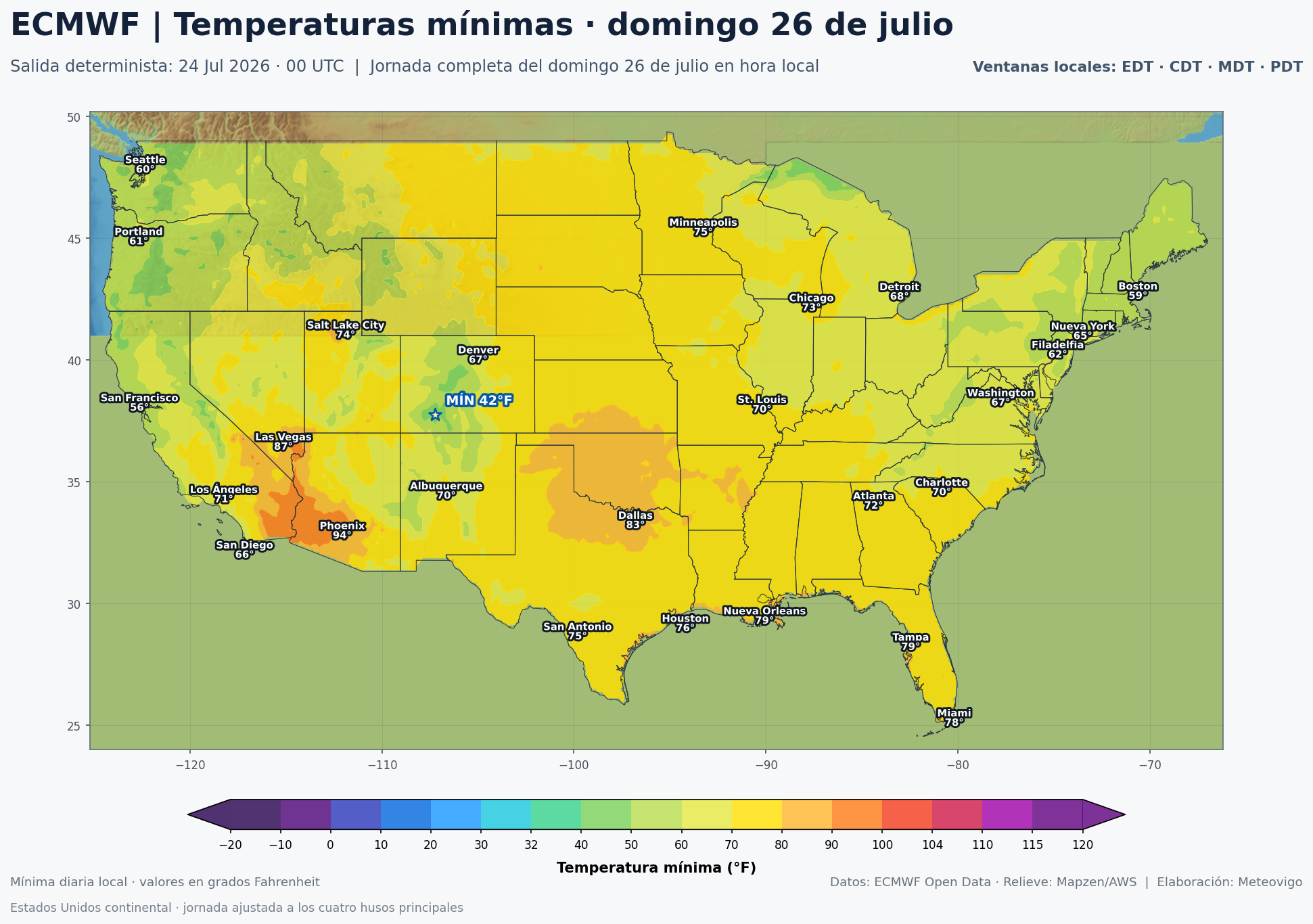 Temperaturas mínimas previstas en Estados Unidos para el domingo 26 de julio según el ECMWF