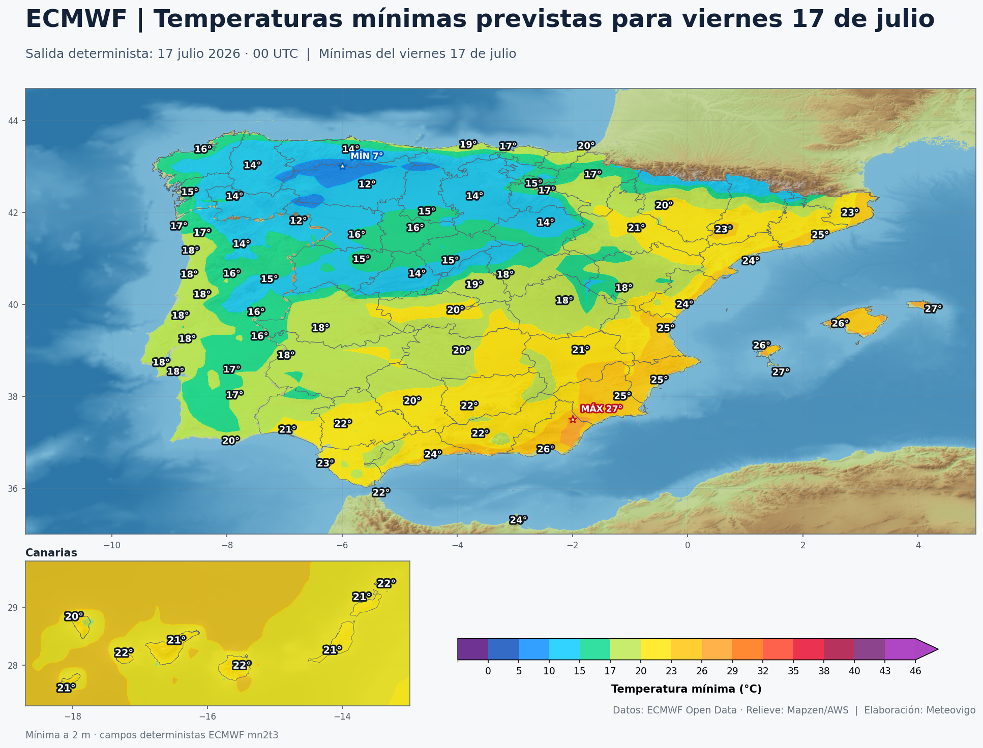 Mapa ECMWF de temperaturas mínimas previstas para el viernes 17 de julio en España