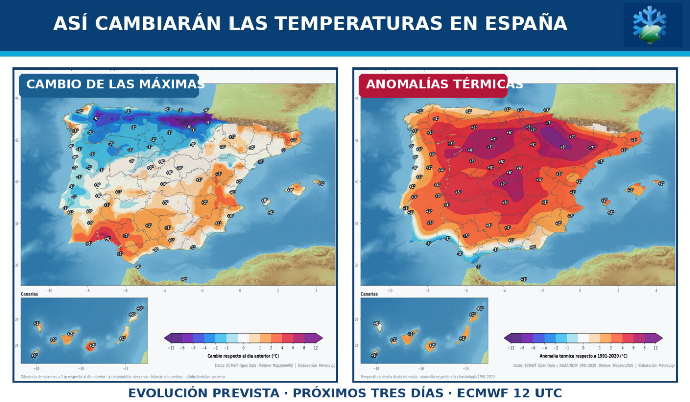 Portada del pronóstico de cambios de temperaturas y anomalías térmicas en España para los próximos tres días