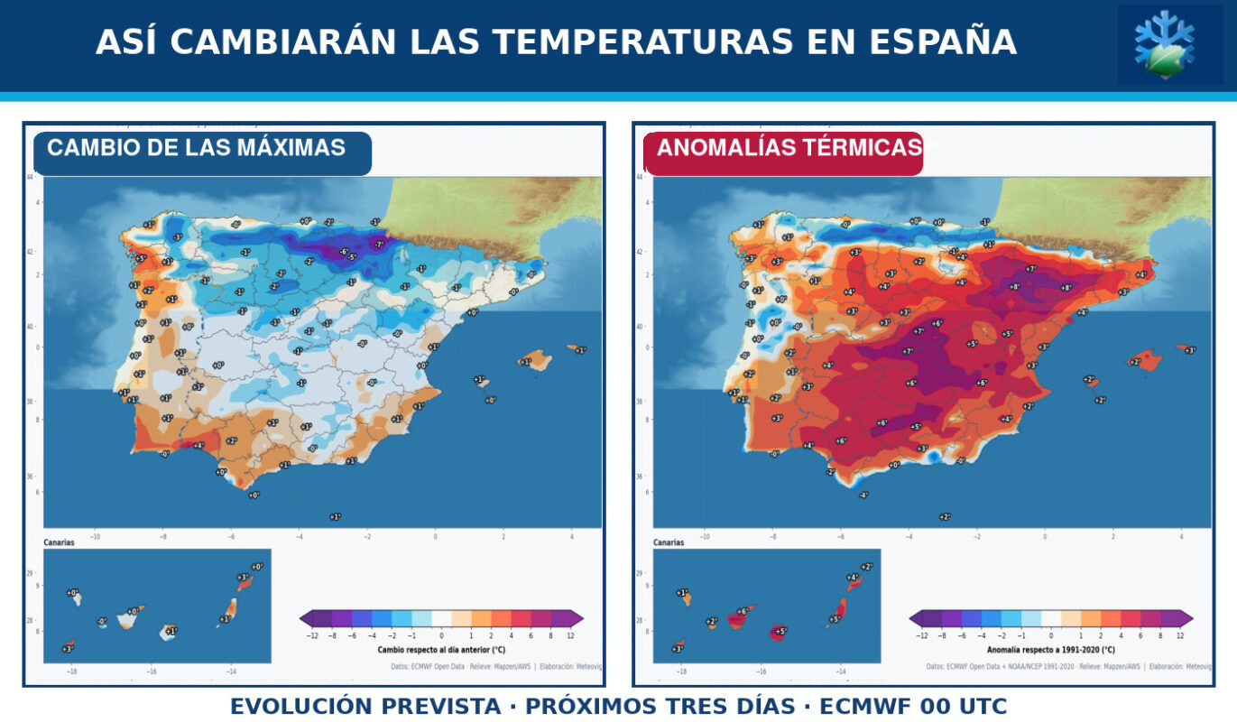 Portada del pronóstico de cambios de temperaturas y anomalías térmicas en España para los próximos tres días