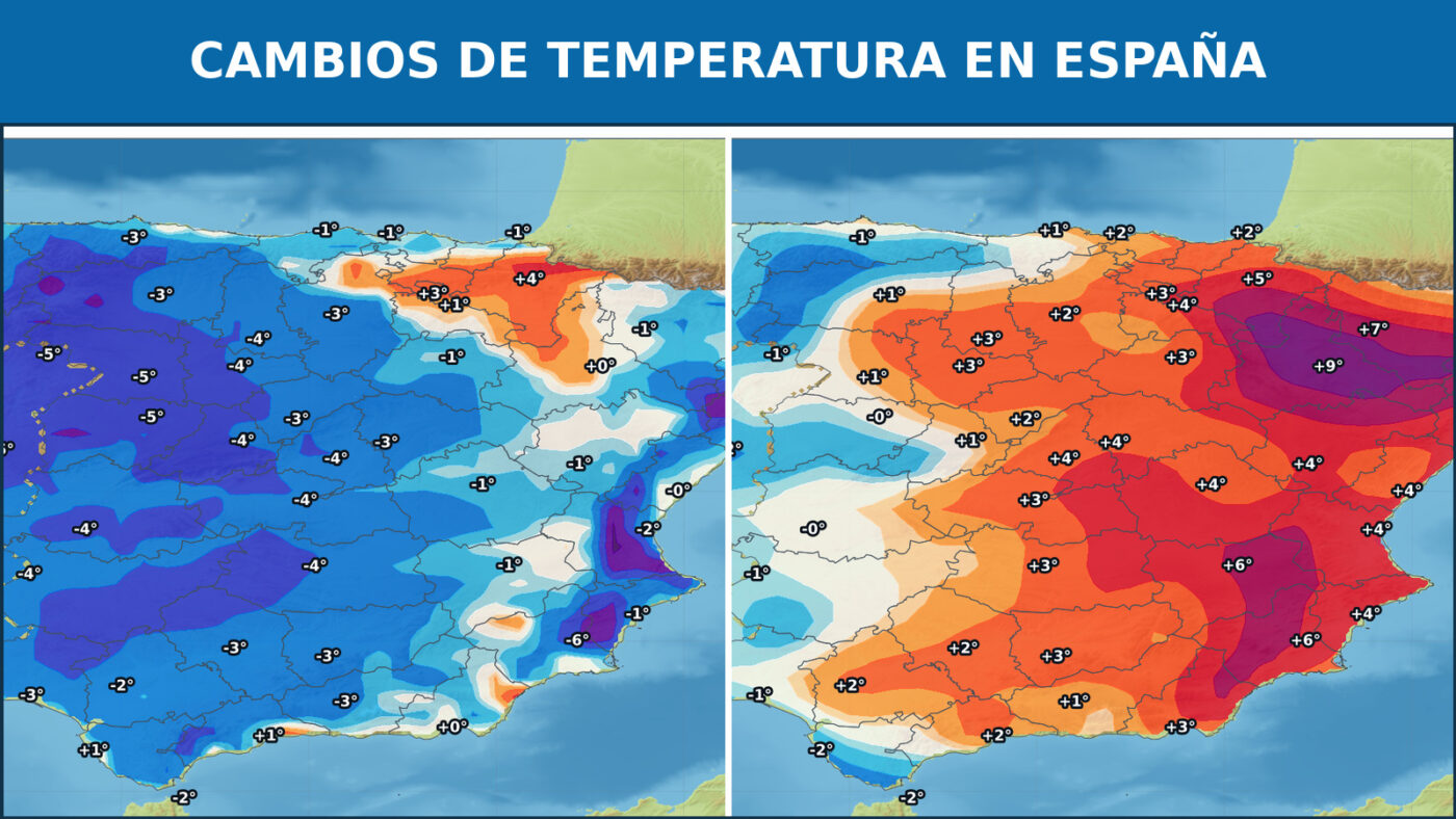 Mapas ECMWF de cambios de temperatura y anomalías térmicas en España