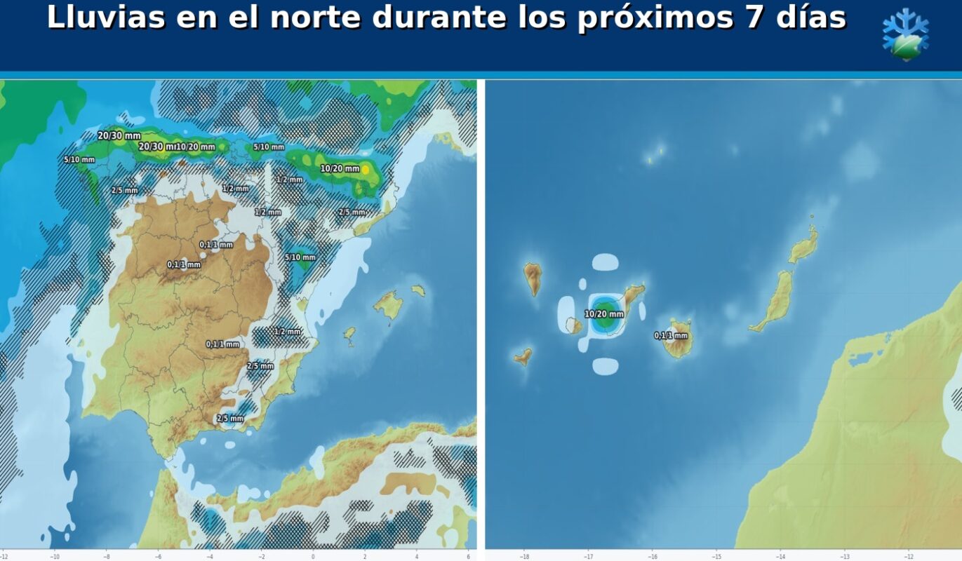 Portada con el pronóstico de lluvias del ECMWF Ensemble para España durante los próximos siete días