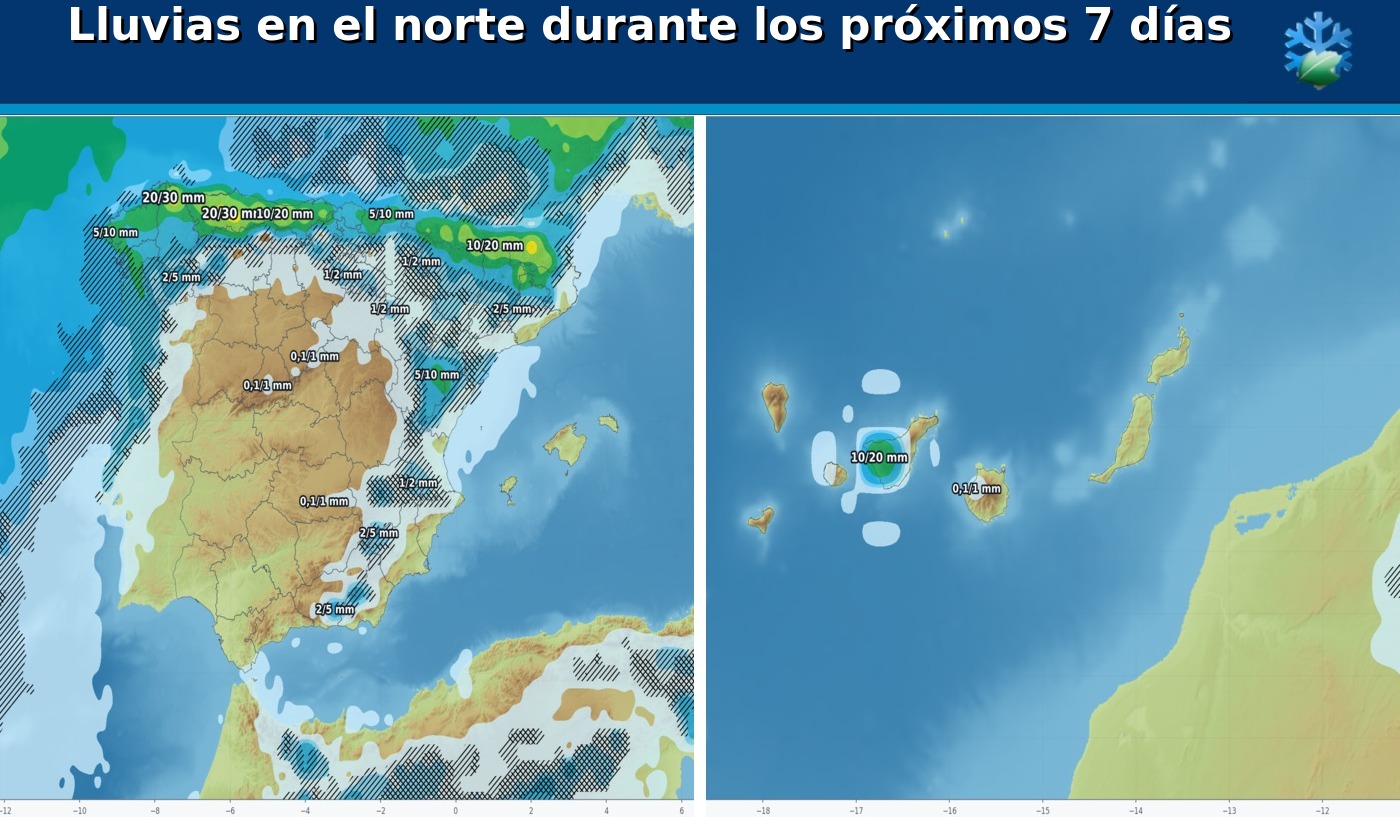 Portada con el pronóstico de lluvias del ECMWF Ensemble para España durante los próximos siete días