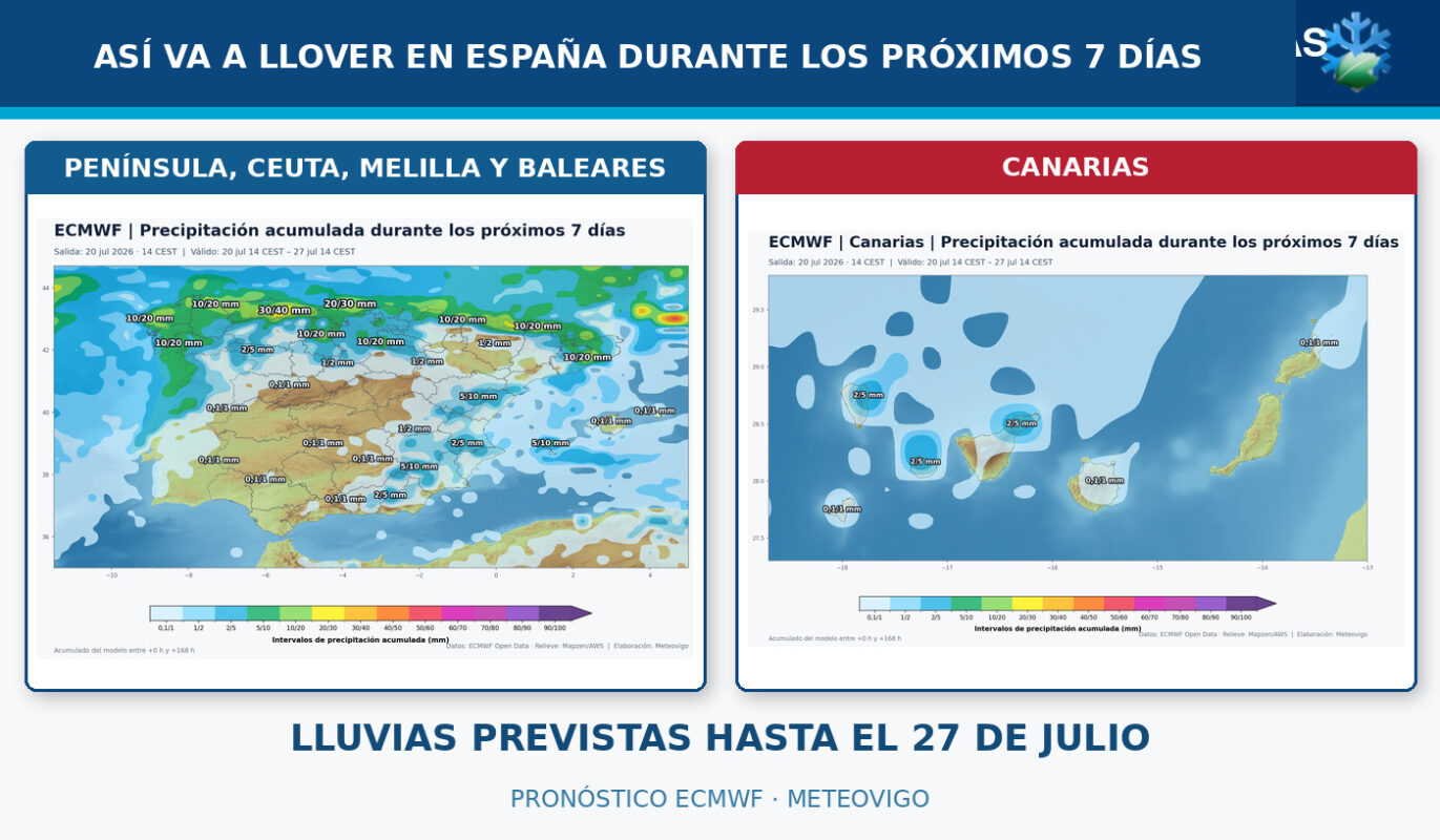 Portada Meteovigo con los mapas de precipitación acumulada del ECMWF para Península y Canarias